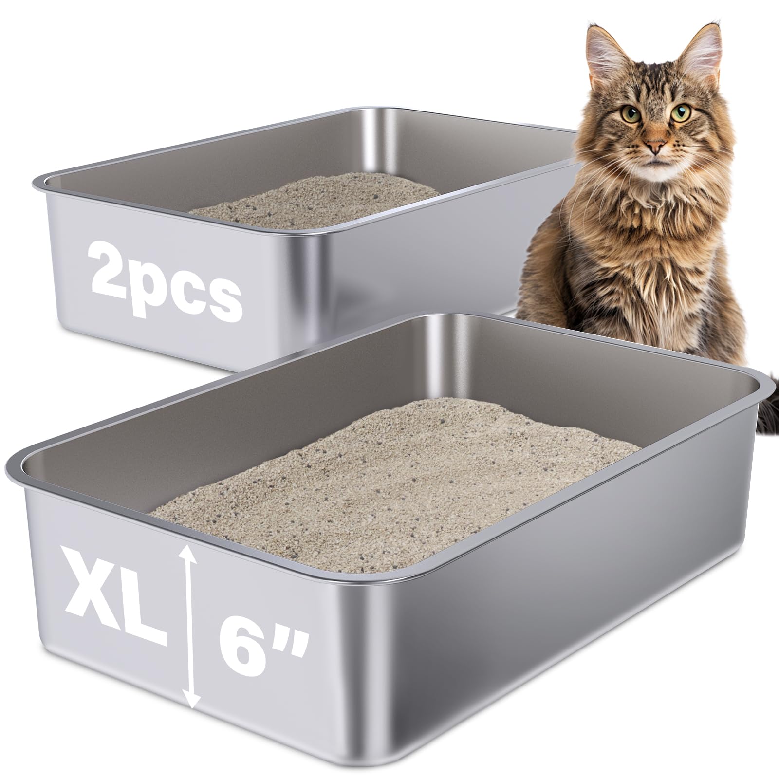 Holintan Stainless Steel Litter Box 2 Pack, 23.6'' X 15.7'' X 6'' Steel Litter Box Xl No Smell, Extra Large Metal Litterbox For 