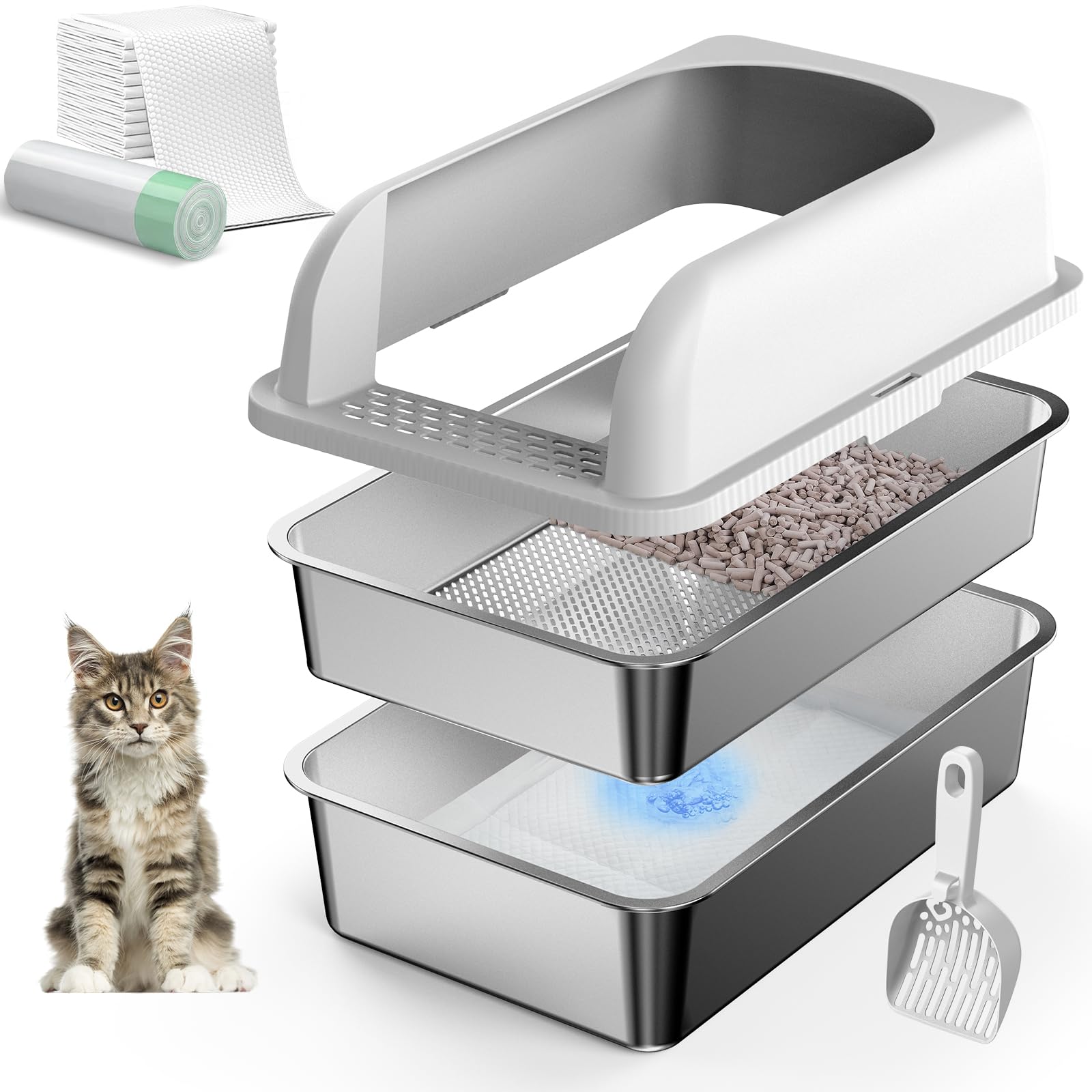 19.7x13.8x5.9, Stainless Steel Litter Box with Lid, Sifting Cat Litter Box for Pine Pellets, High Sides Metal Litter Pan f