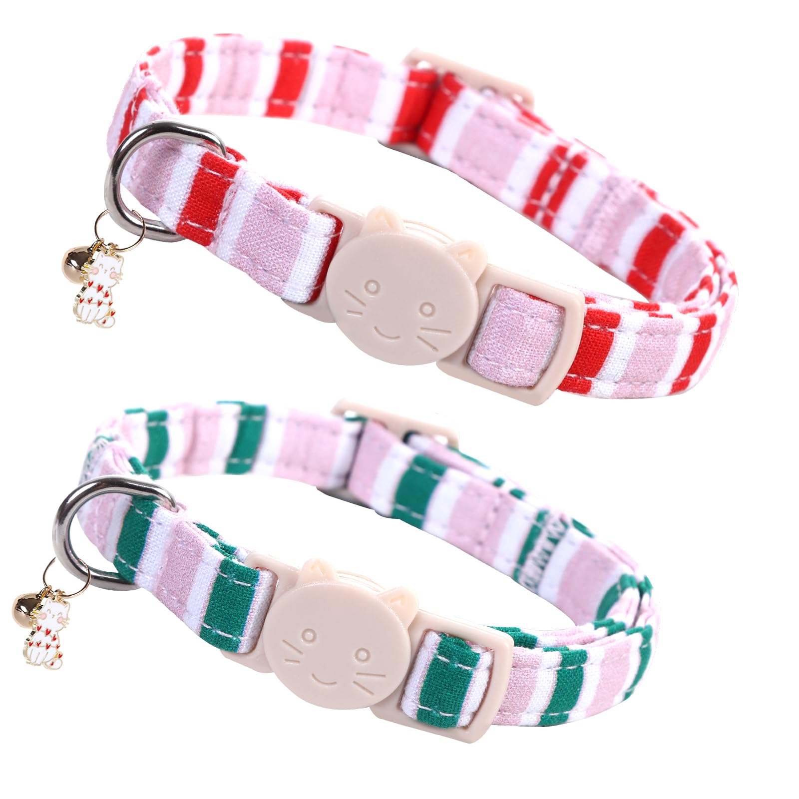 Elegant Little Tail 2 Pack Cat Collar-Pink Strip Cotton Breakaway Cat Collars With Bell Pendant Kitten Girl Cats Safety Adjustab