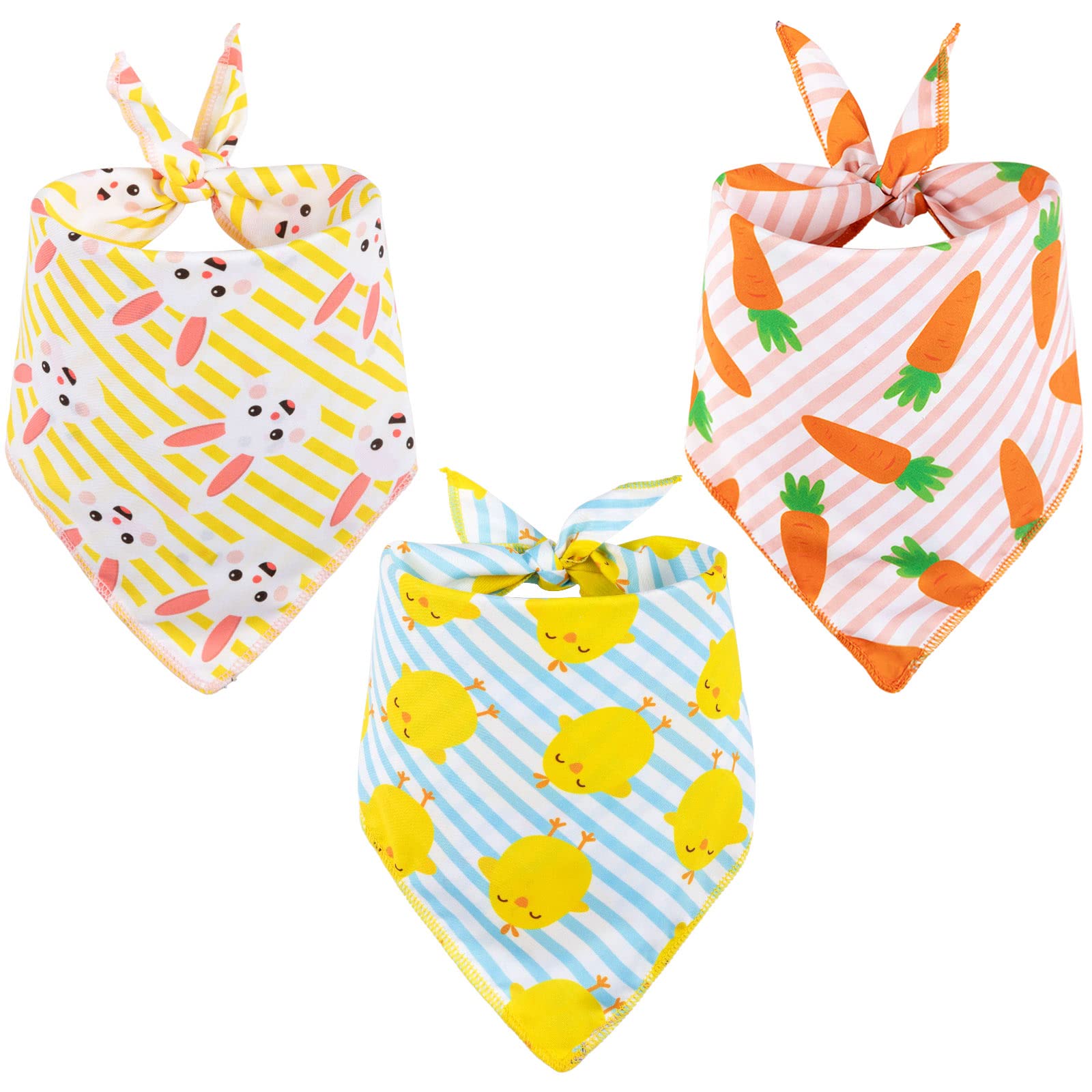Whaline 3Pcs Easter Dog Bandanas Spring Carrot Chick Bunny Rabbit Pattern Dog Scarf Reversible Stripes Triangle Pet Bibs Adjusta