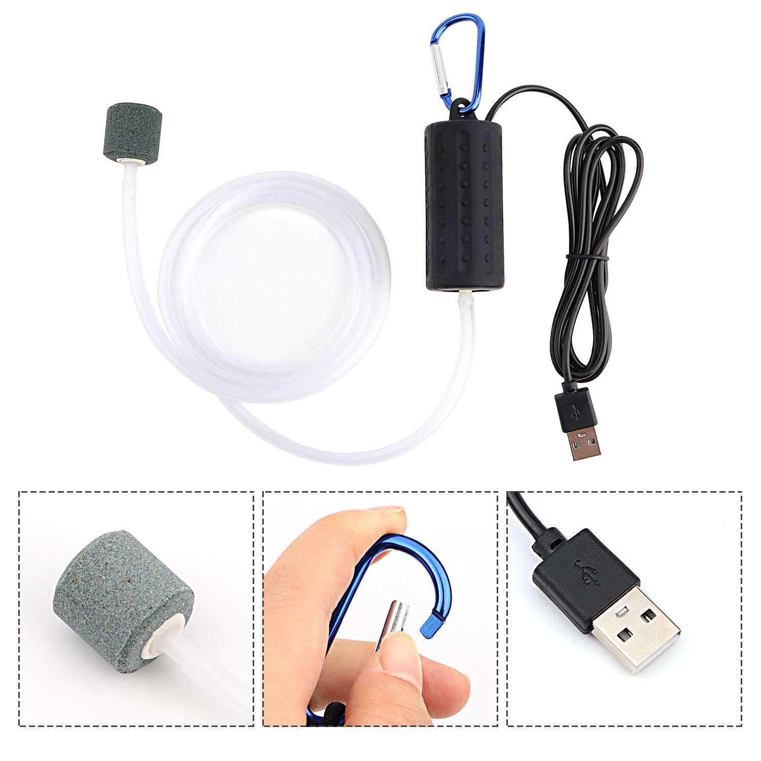Useekoo Usb Aquarium Air Pump, Ultra Durable & Quiet Usb Nano Air Pump, Small Air Bubbler For Aquarium Fish Tank With Air Stone And Silicone Tube - Black