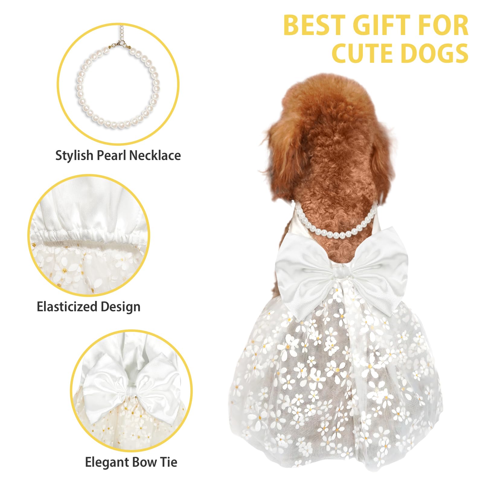 Topkins Dog Dress - Breathable Evening Outfit With Pearl Necklace, Flowers, Silk Clothes, Party Skirt - White Xl