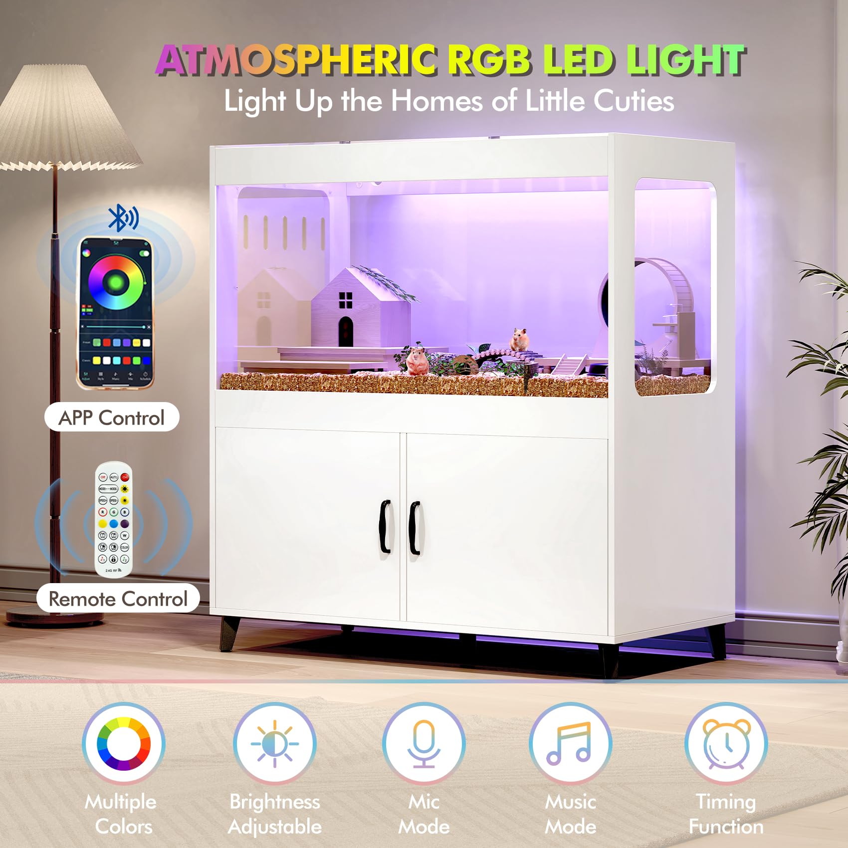 Tc-Homeny Large Hamster Cage Cabinet With Storage, Hamster Cage With Led Lights Easy 360 View Acrylic Panels, Small Animal Cage