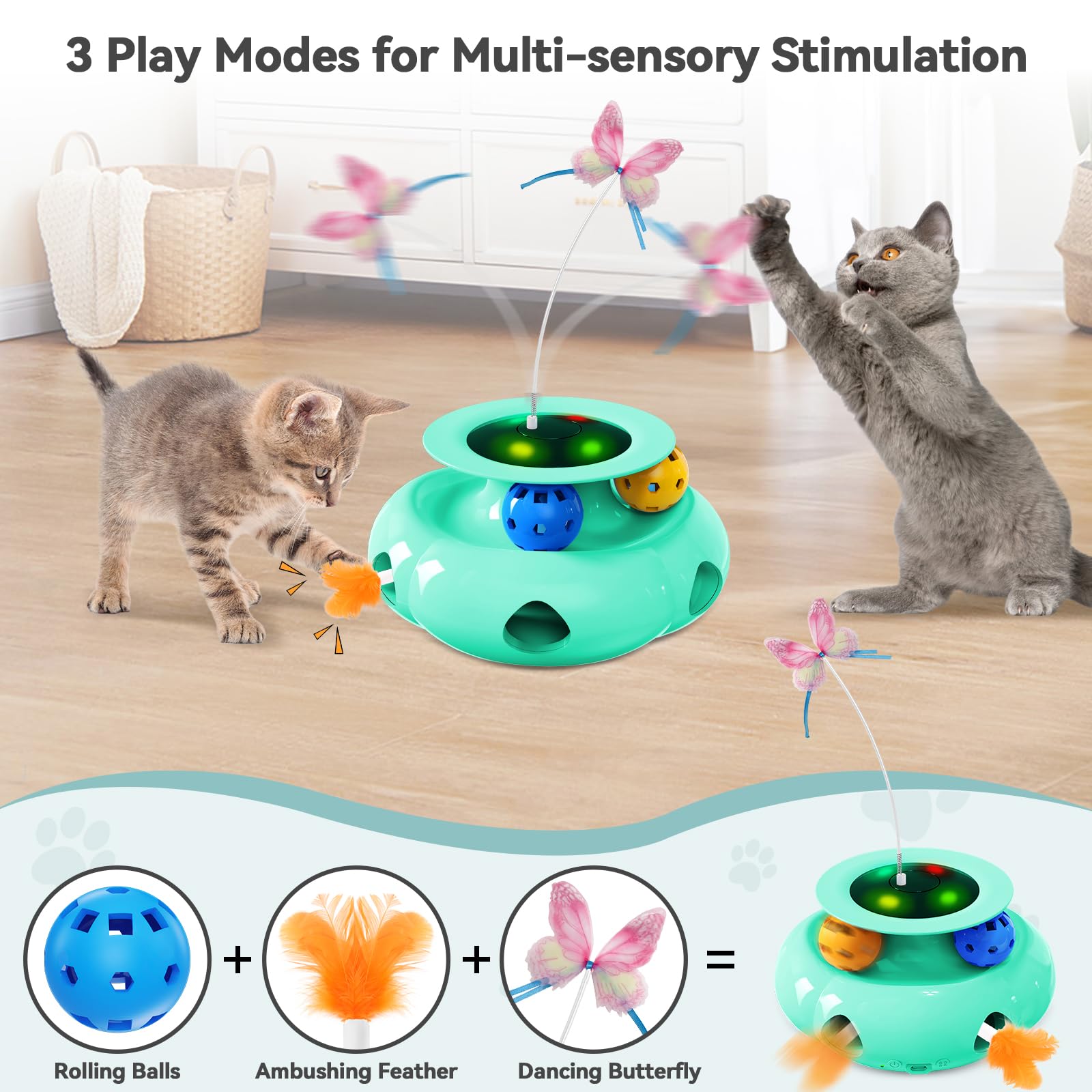 Xuyub Cat Toys Interactive Rechargeable 3In1 Whack A Mole Cat Toy, Fluttering Butterfly, Track Balls, Touch Activated Automatic