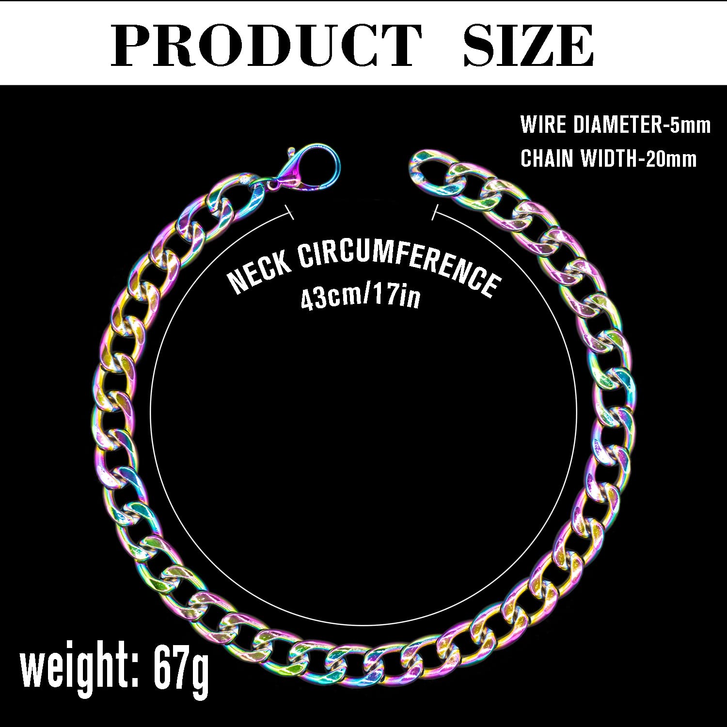 Rainbow Dog Chain Collar-3/4 Inch (20Mm) Width Cuban Link Durable Dog Necklace, Cute Fashion Pet Collar For Pit Bulldog, Light M