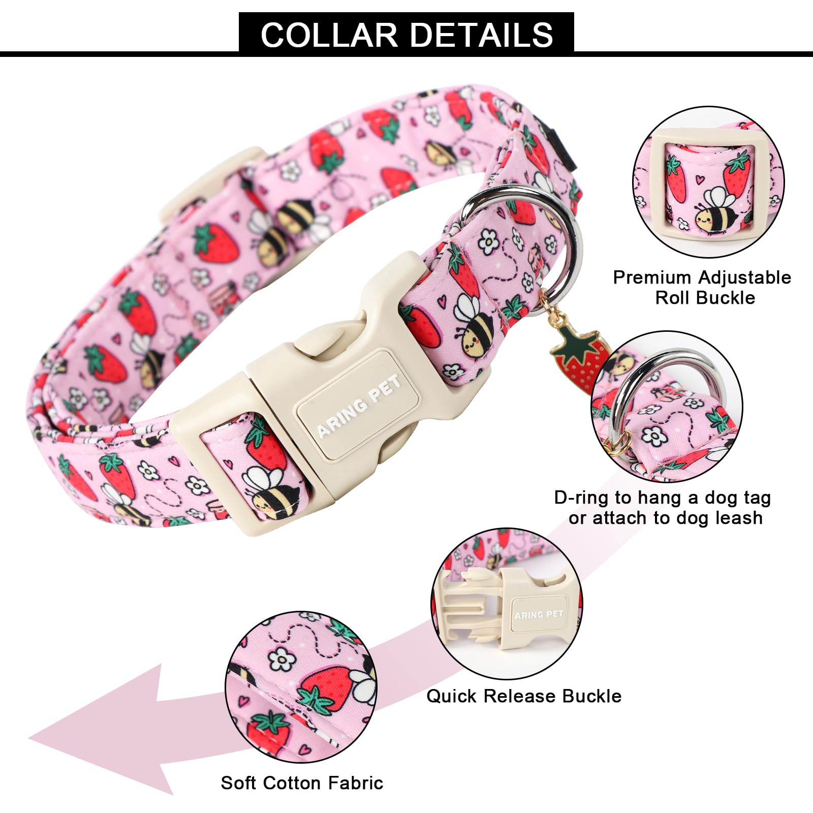 Aring Pet Summer Dog Collar-Cute Pink Dog Collar For Small Dogs, Adjustable Strawberry Bees Print Pet Collars Puppy Collar For S