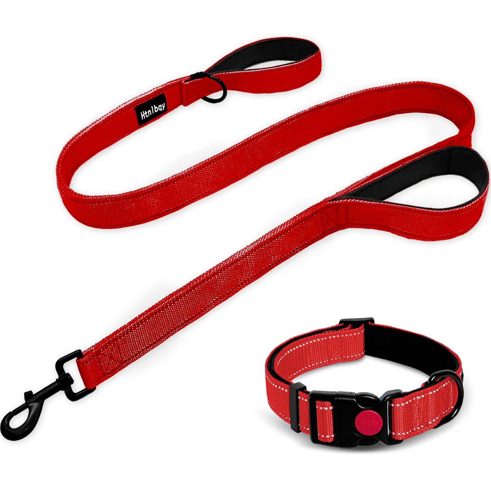 Heavy Duty Double-Sided Reflective Dog Leash - Padded Handle Nylon Reinforced Buckle Collar, Red, Large, 6Ft