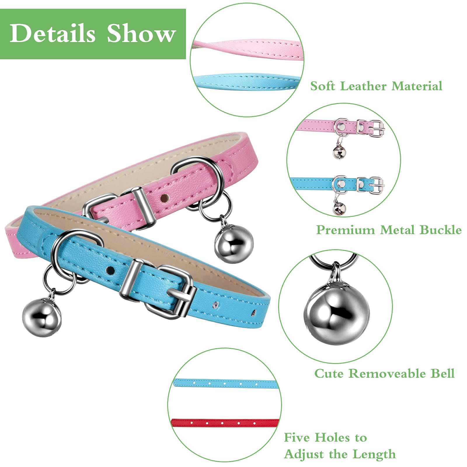 Weewooday 6 Pieces Leather Cat Collar With Bell Cute Pet Leather Kitten Collar For Boy Girl Cats With Safety Elastic Strap For S