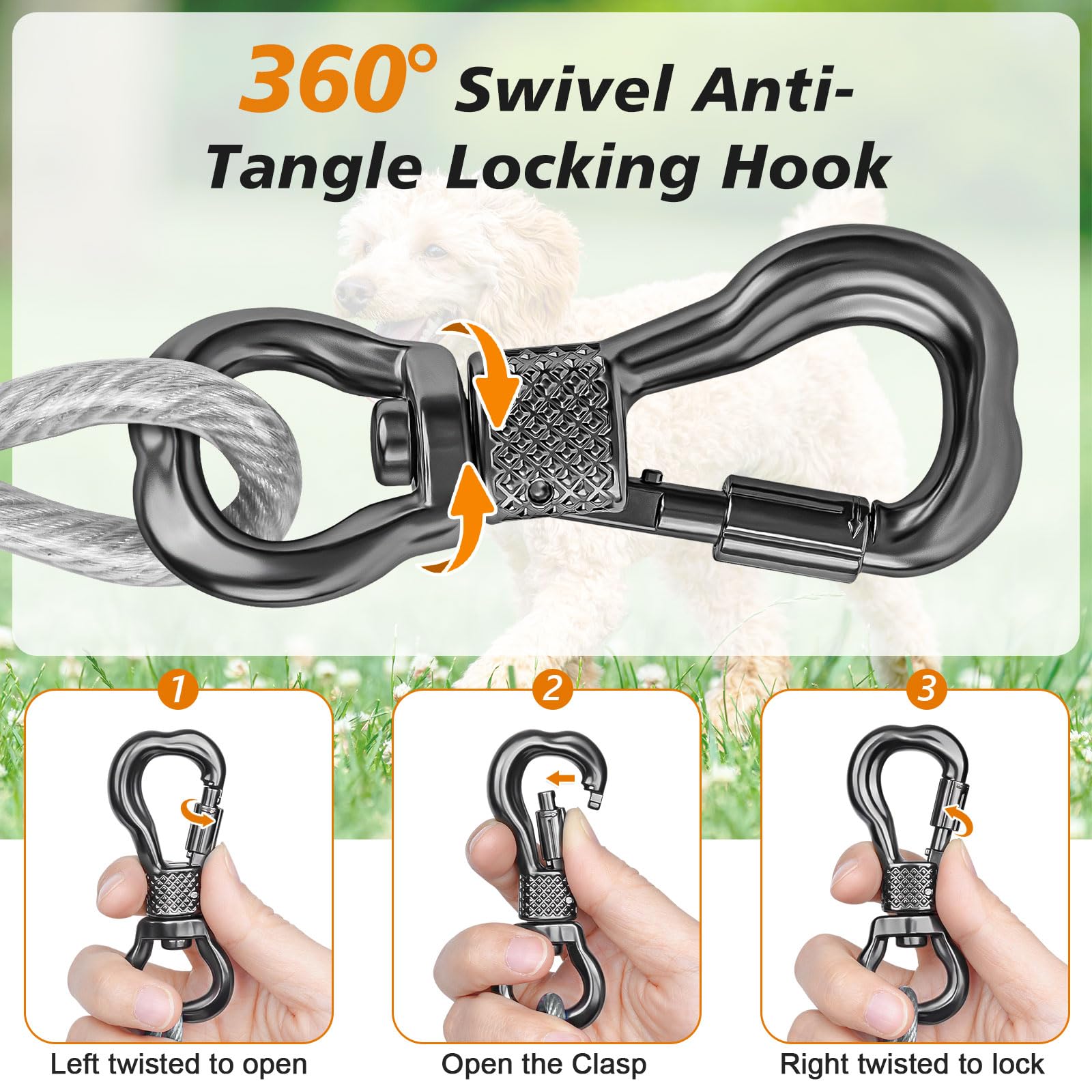 Tresbro Dog Leads For Yard, 15Ft Tie Out Cable With Shock Absorbing Spring And Swivel Hook, Chew Proof Chain For Outside, Runner