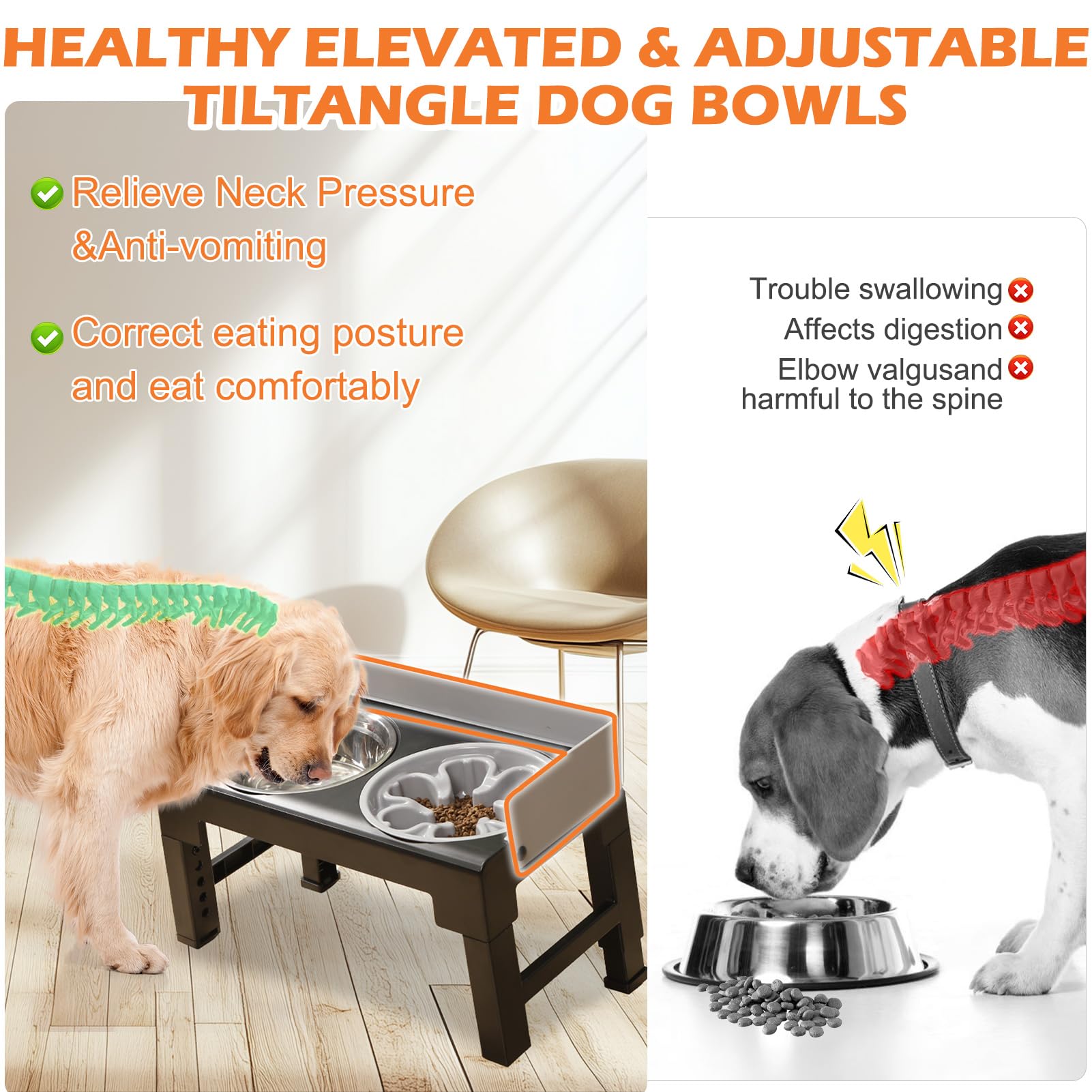 Pawchie Elevated Dog Bowls,Mess Proof Feeder For Large Dogs,6 Height Adjustable Raised Dog Bowl Stand With Slow Bowls & Water Bo