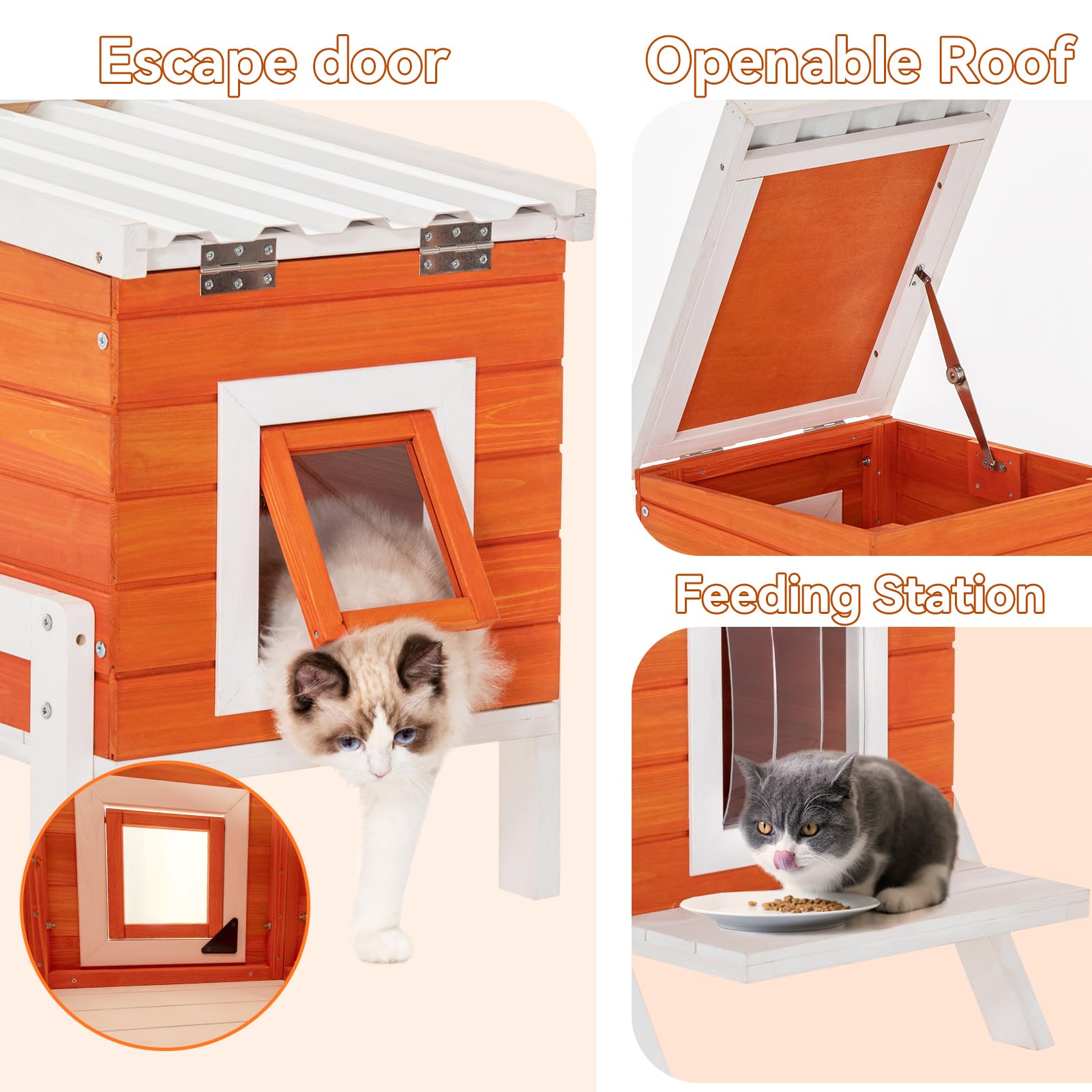 Petsfit Cat House Outdoor, Insulated High Feet + Feeding Station +Door Curtain, Wood Outside Cat House, Bunny Rabbit Hutch Orange
