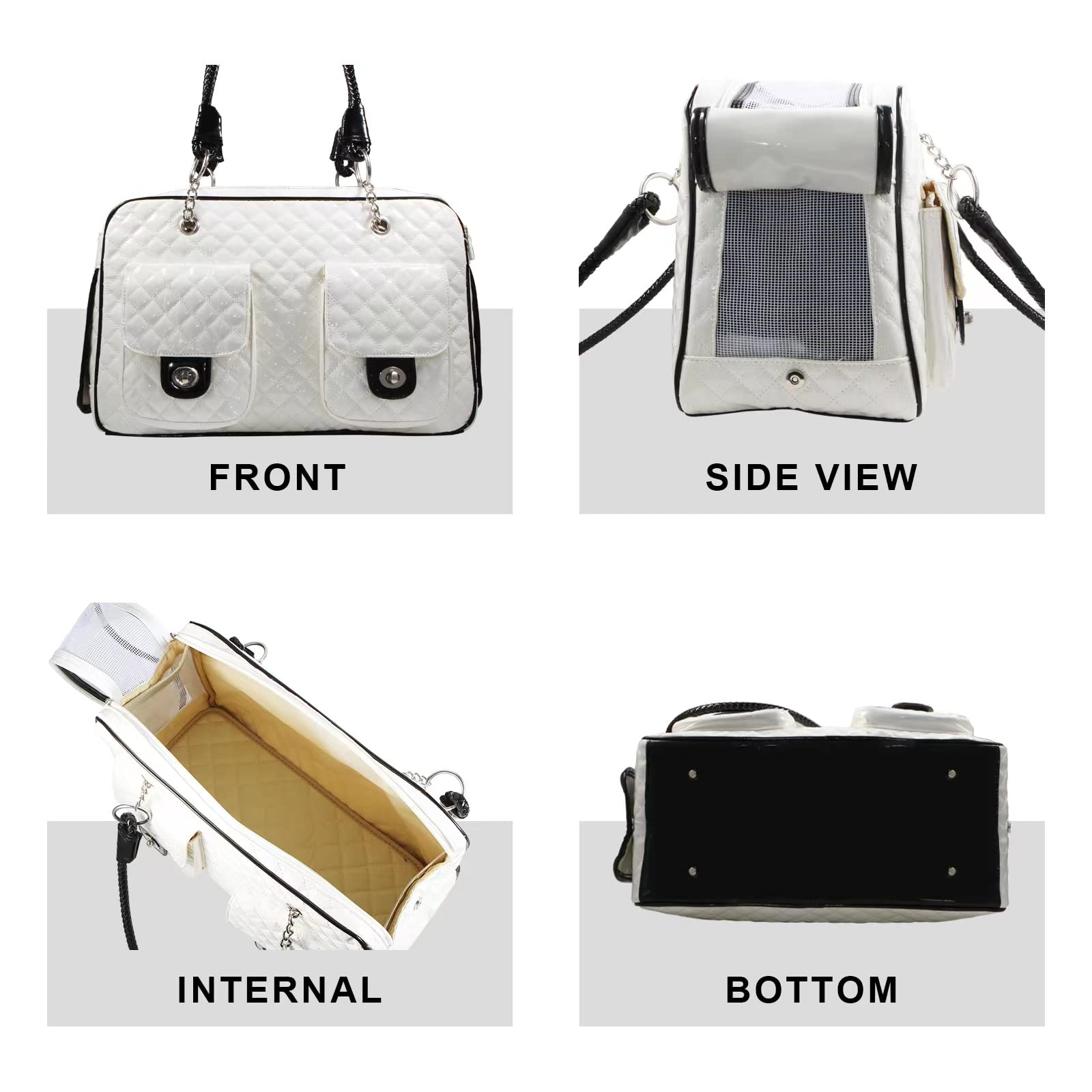 Betop House Soft-Sided Pet Travel Carrier Airline Approved For Pet Small Dog And Cat Collapsible, White Shiny Patent Leather