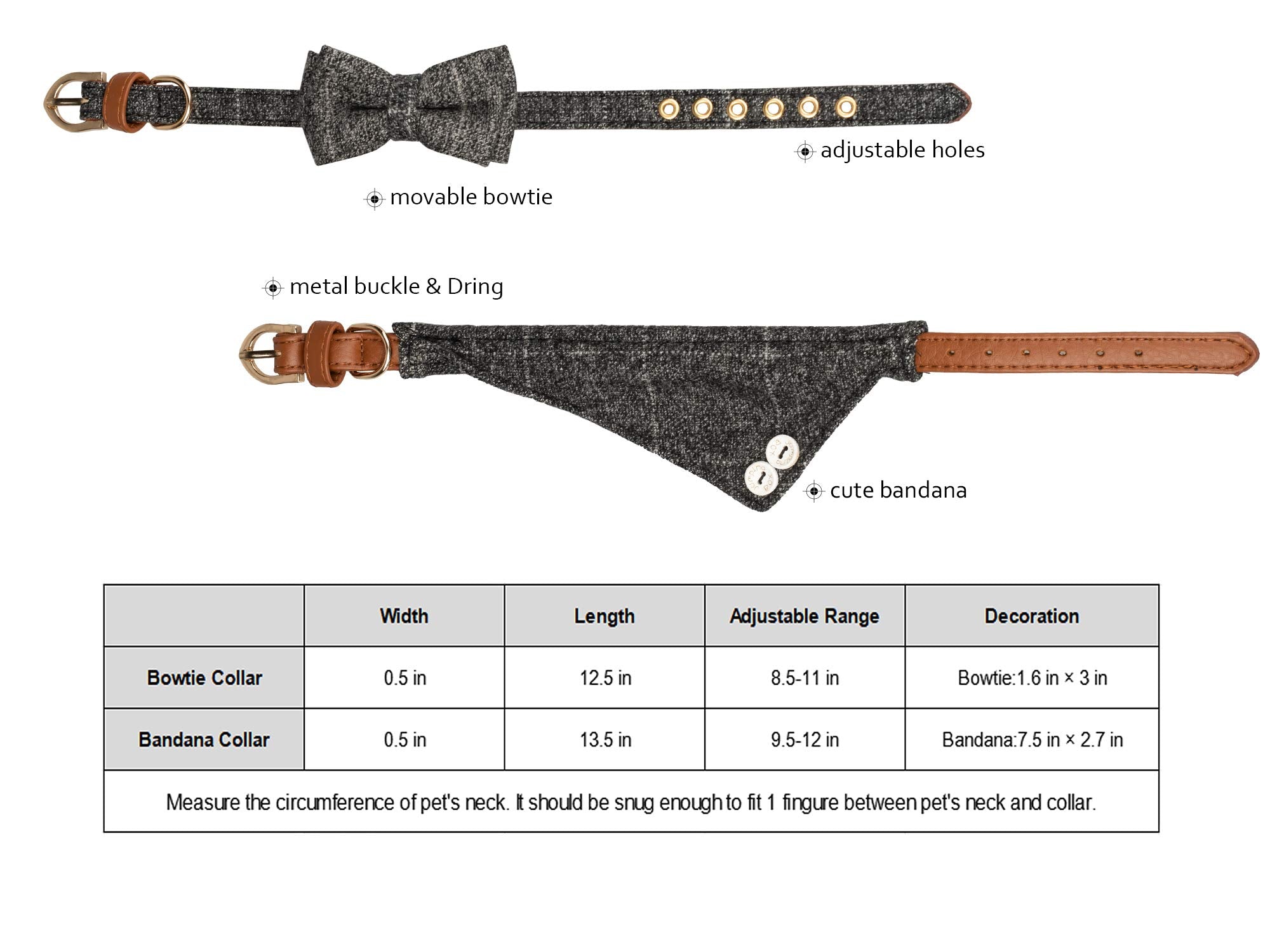 Gyapet Small Dog Collar For Dogs Cat Bow Tie Puppy Kitten Bandana 2Pcs Pu Leather Canvas Scarf Camo Grey Classic