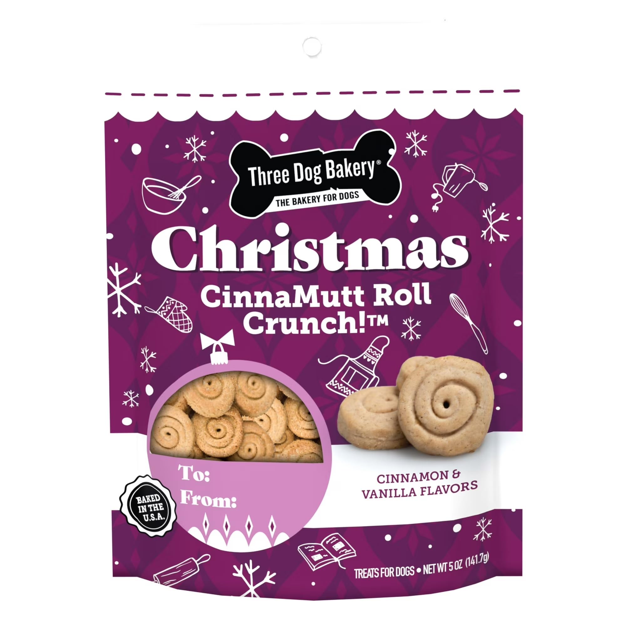 Three Dog Bakery CinnaMutt Roll Crunch, 5 oz Festive Dog Bones, Holiday & Christmas Dog Training Treats, Puppy Training Rewards