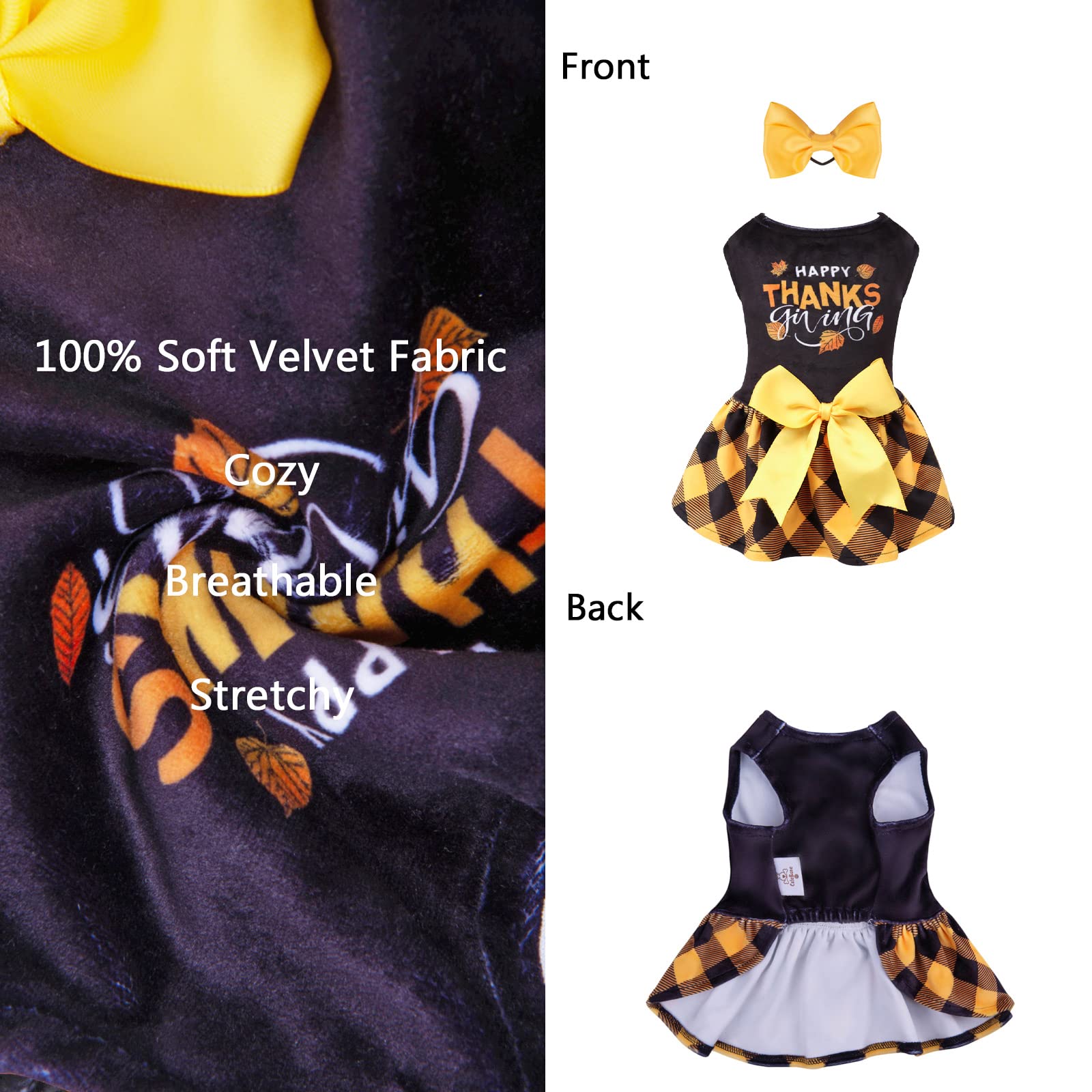Cutebone Happy Thanksgiving Day Dog Fall Dress Costume Velvet For Small Dogs Girl Puppy Dresses Yellow Plaid Dog Clothes Cva03M-