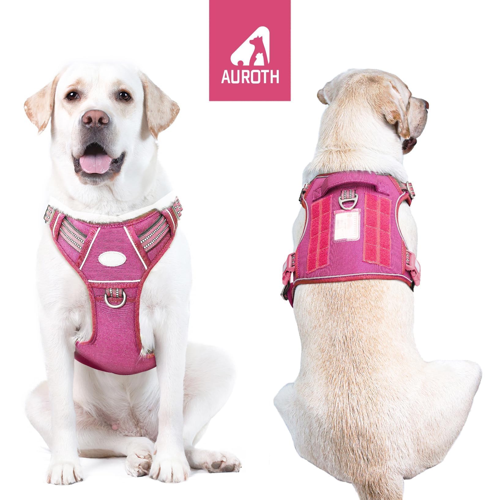 Auroth Tactical Dog Harness For Large Dogs No Pull Adjustable Pet Harness Reflective K9 Working Training Easy Control Pet Vest Military Service Dog Harnesses Rose Red L