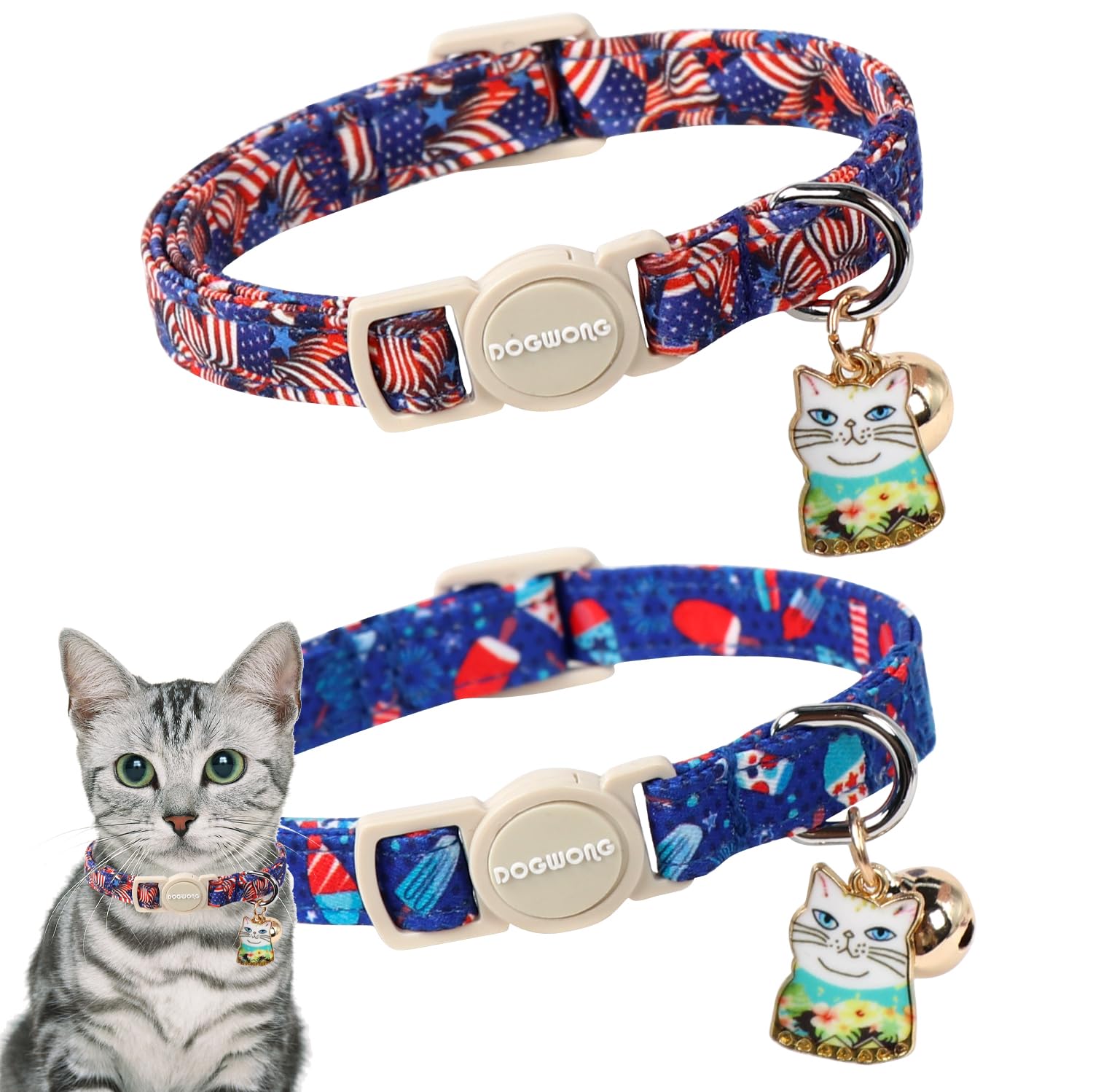 Cat Collar,2 Pack 4Th Og July Cat Collars Breakaway With Bell, Dogwong Safety Buckle Cat Collar For Girl Boy Cats And Small Dogs