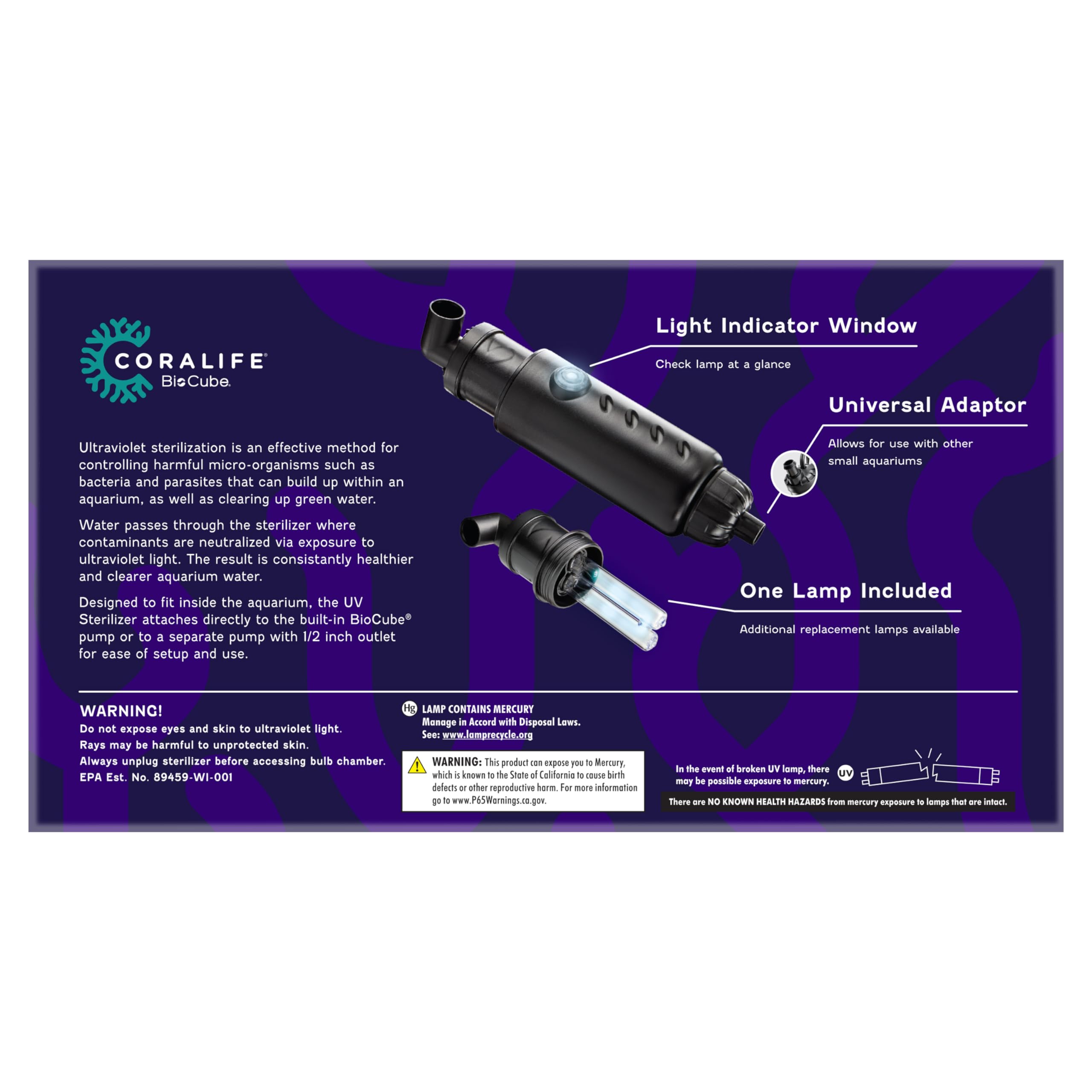 Coralife Aquarium Fish Tank Marine Salt Water Turbo-Twist UV Sterilizer, Mini, For BioCubes