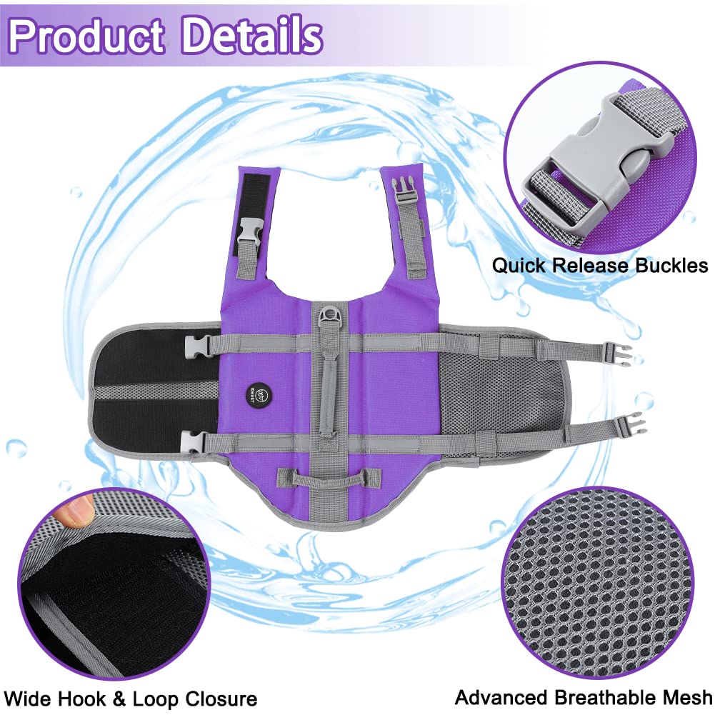 Emust Dog Life Vests, Adjustable Dog Life Jacket With Rescue Handle, Dogs Flotation Vest For Small/Medium/Large Dogs, Xs, Purple