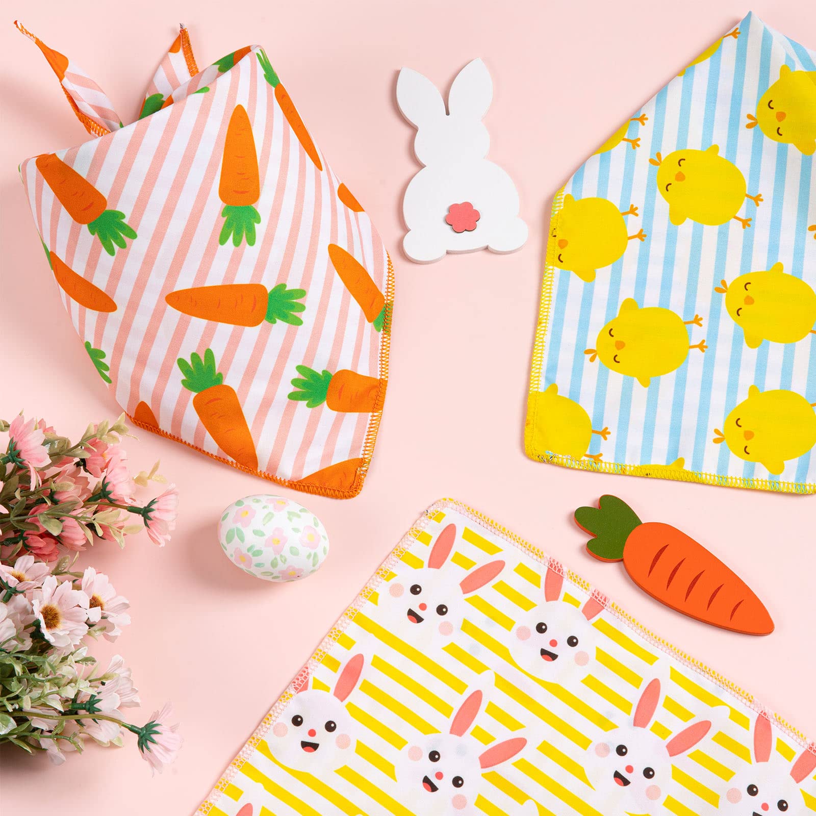 Whaline 3Pcs Easter Dog Bandanas Spring Carrot Chick Bunny Rabbit Pattern Dog Scarf Reversible Stripes Triangle Pet Bibs Adjusta