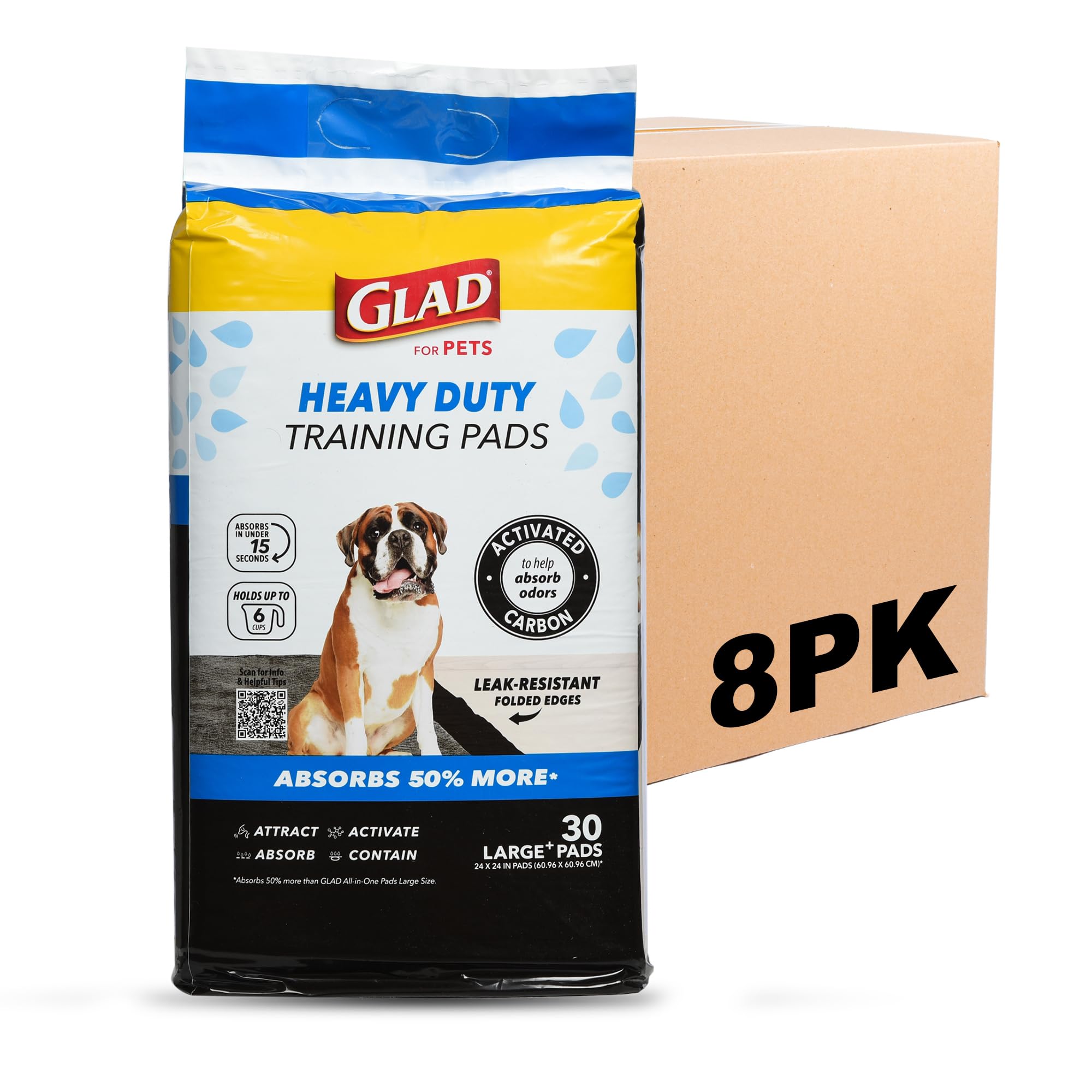 Glad for Pets Heavy Duty Activated Carbon Training Pads, 24 x 24 - Ultra Absorbent - Absorbs 50% More Than Standard; Puppy Potty
