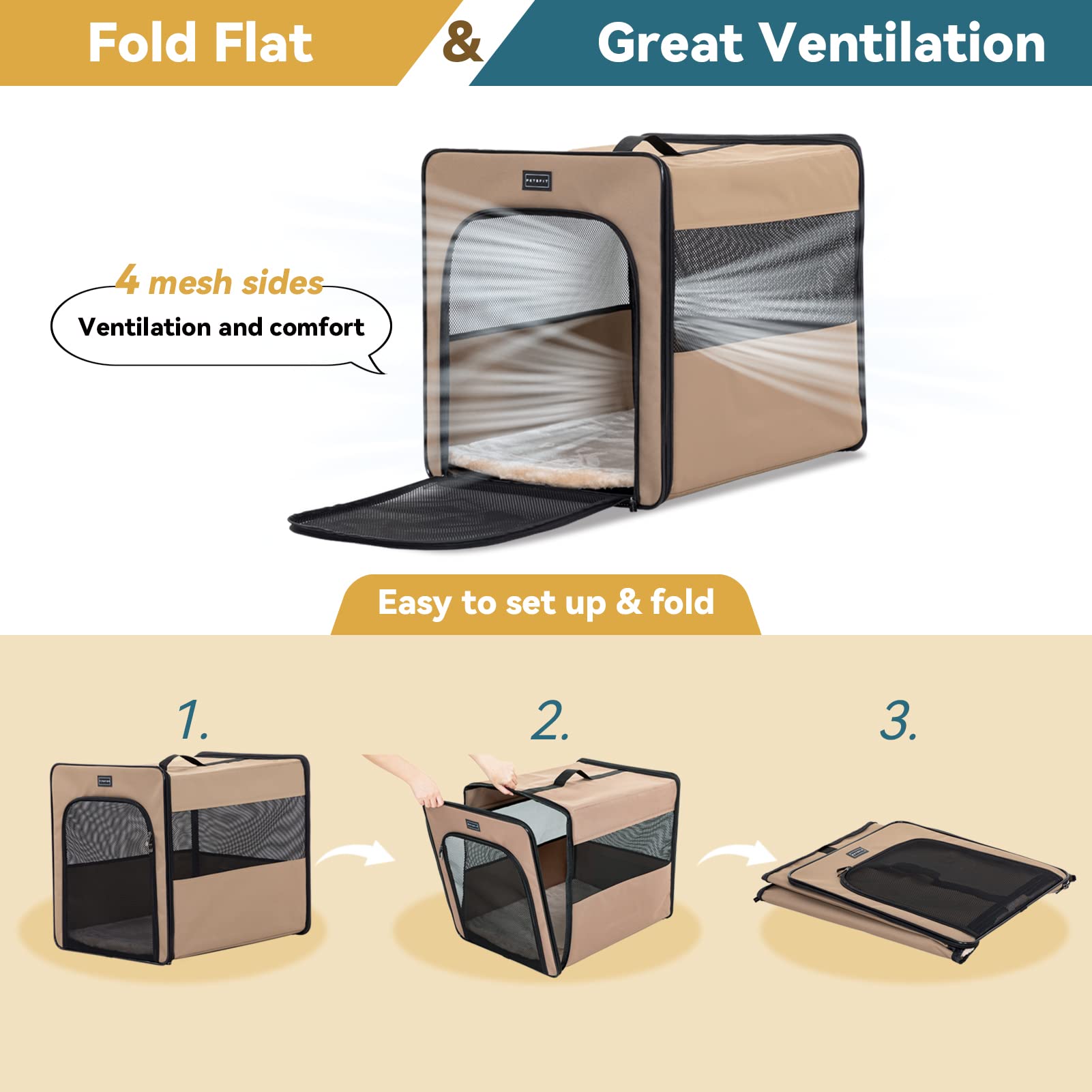 Petsfit Collapsible Dog Crate, Dog Travel Crate - 24 Inch With Thicken Mat, Easy To Fold, Sturdy And Portable, Perfect For Traveling, Soft Sided Dog Crate Khaki