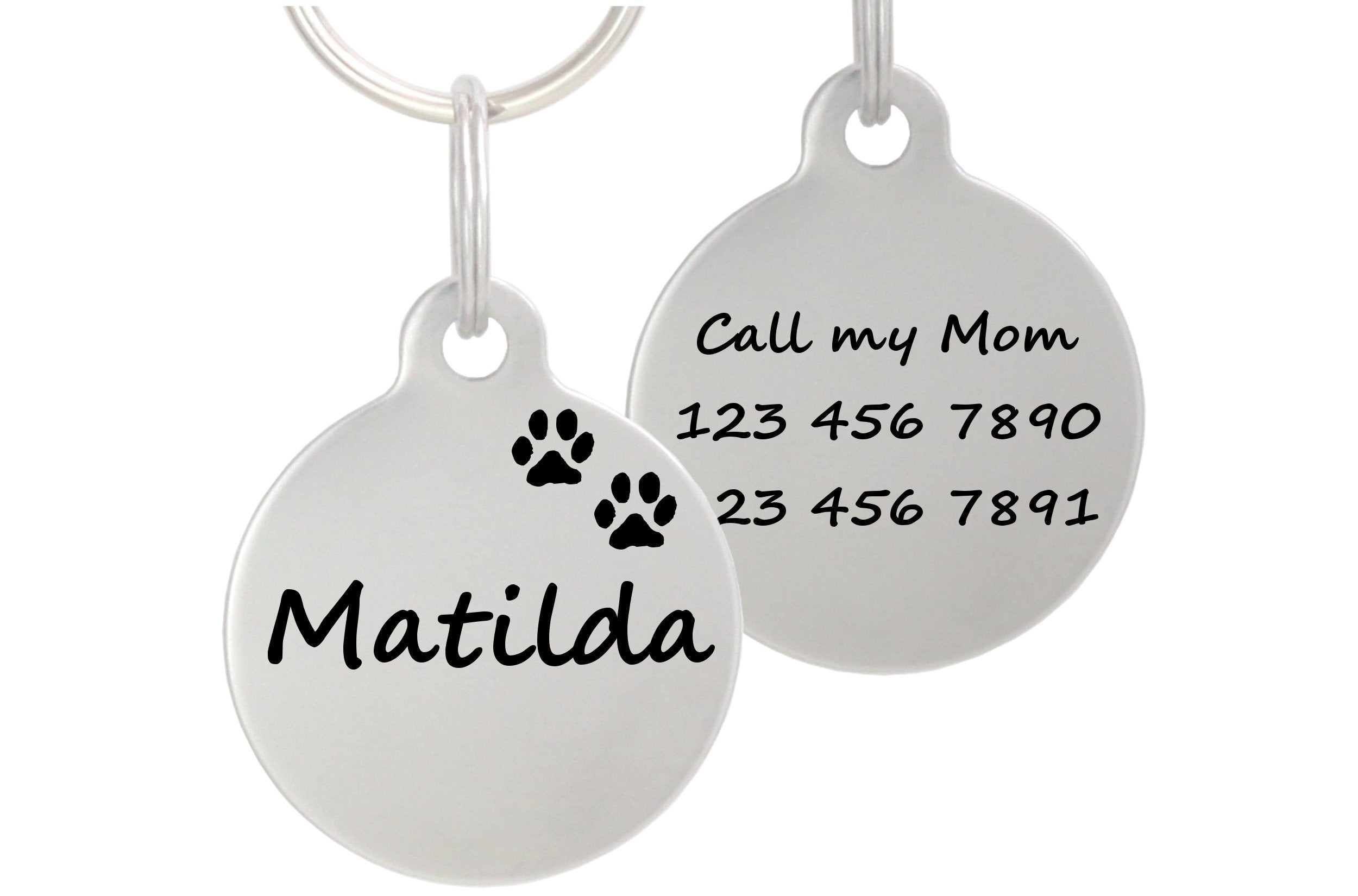 Double Sided Laser Etched Stainless Steel Pet Id Tag For Dog And Cat Engraved And Personalized 1' Round Shape (Paws)