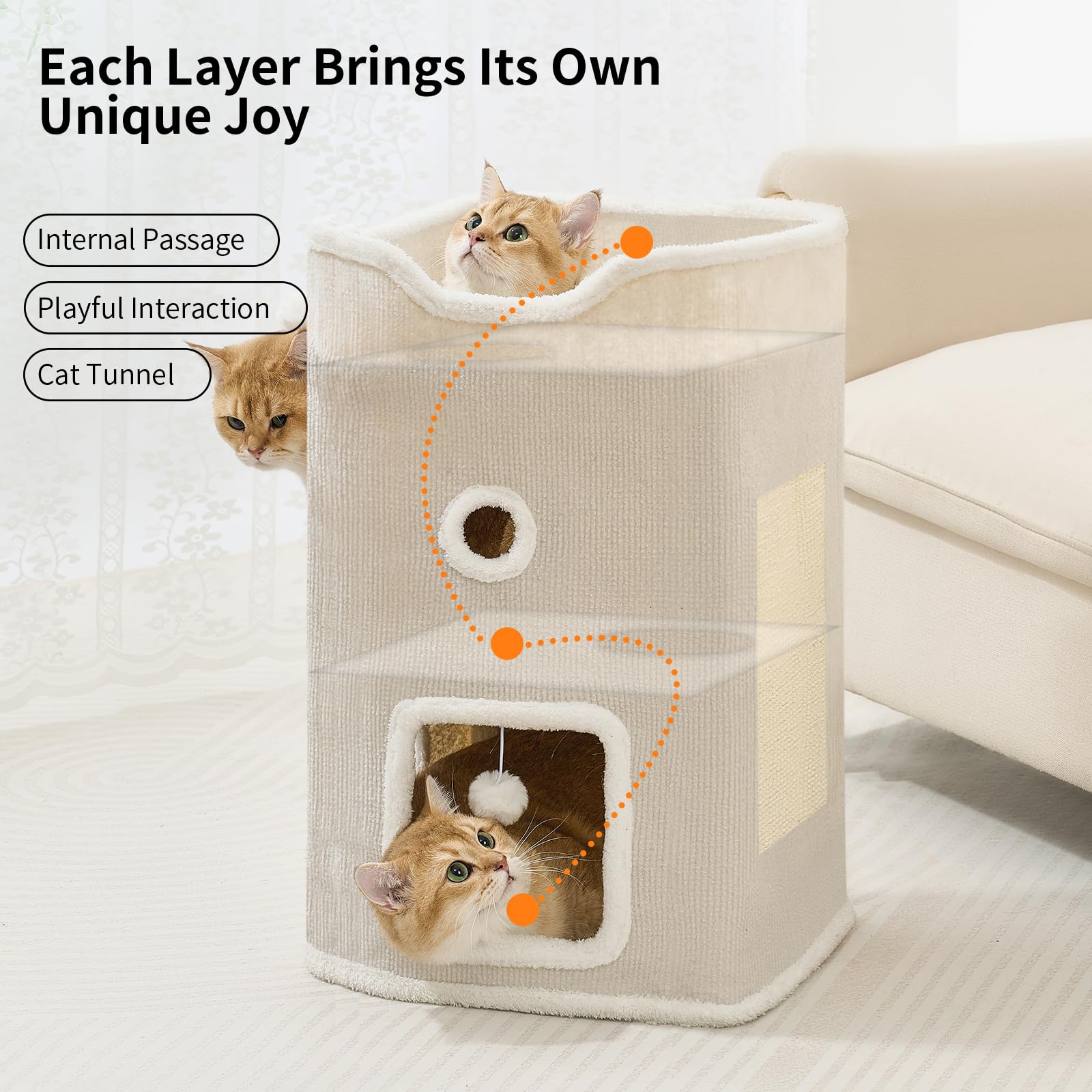 Cat Beds For Indoor Cats, Upgraded Wide Cat House & Condo 2-Story, Cat Bed Cave With Stable Frame And Large Scratch Pad, Durable