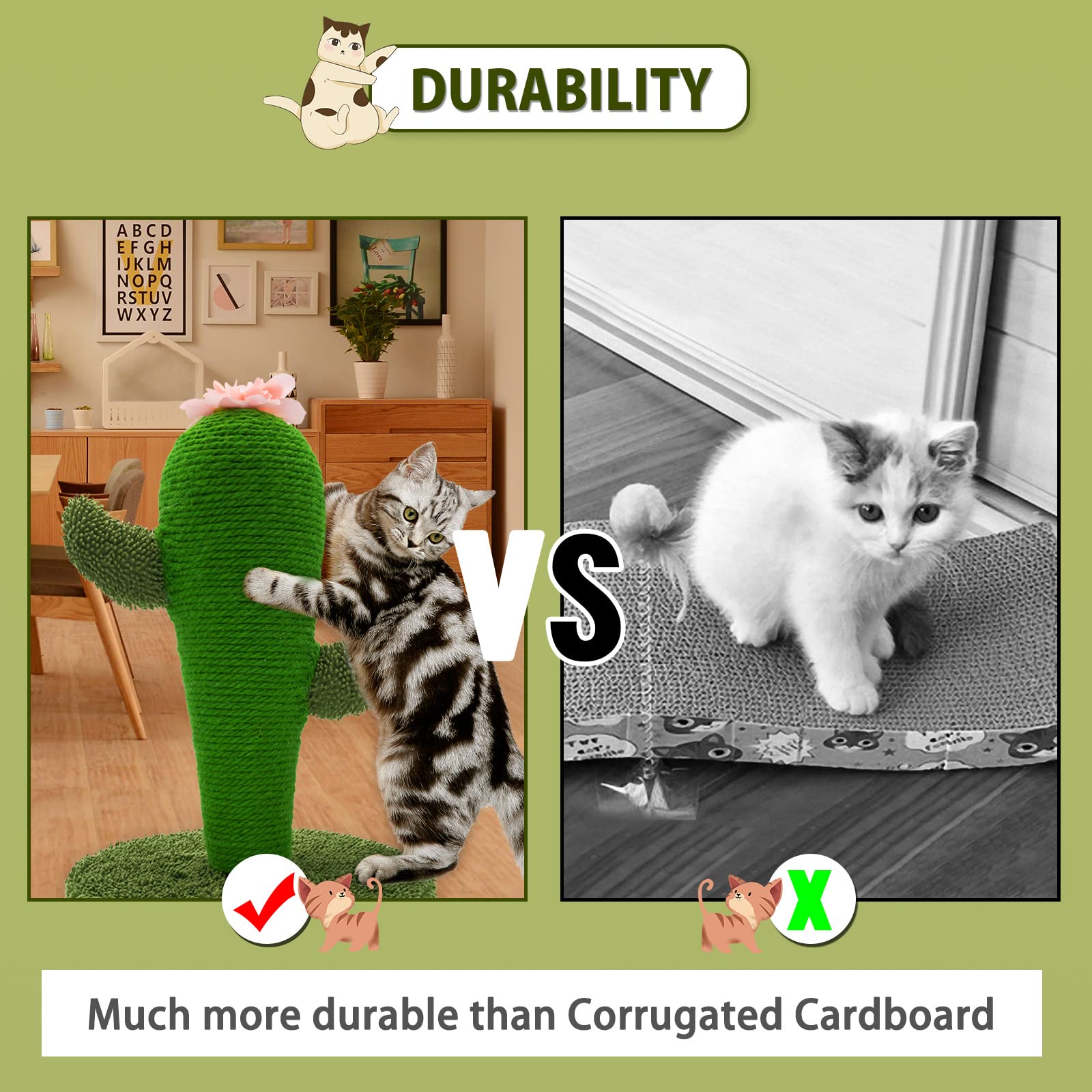 Auscat Cat Scratching Post, Cute Cactus Scratching Post, Nature Sisal Cat Scratcher For Indoor Cats And Kittens