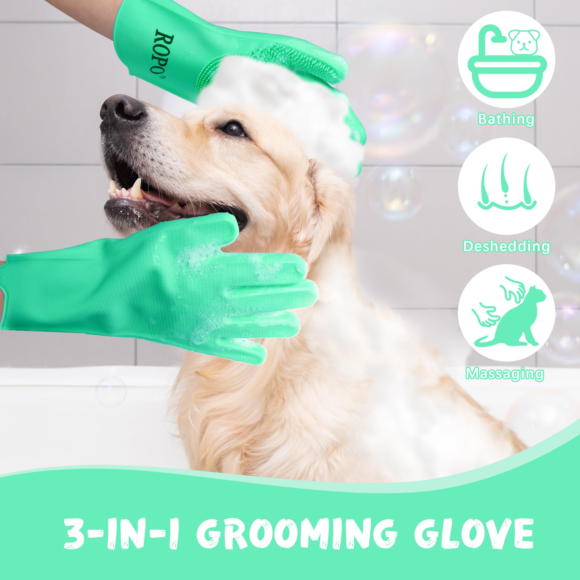 Ropo Silicone Gloves For Pet Grooming, Multi-Functional Gloves For Pet Hair Shedding, Bathing, And Massage (Green)