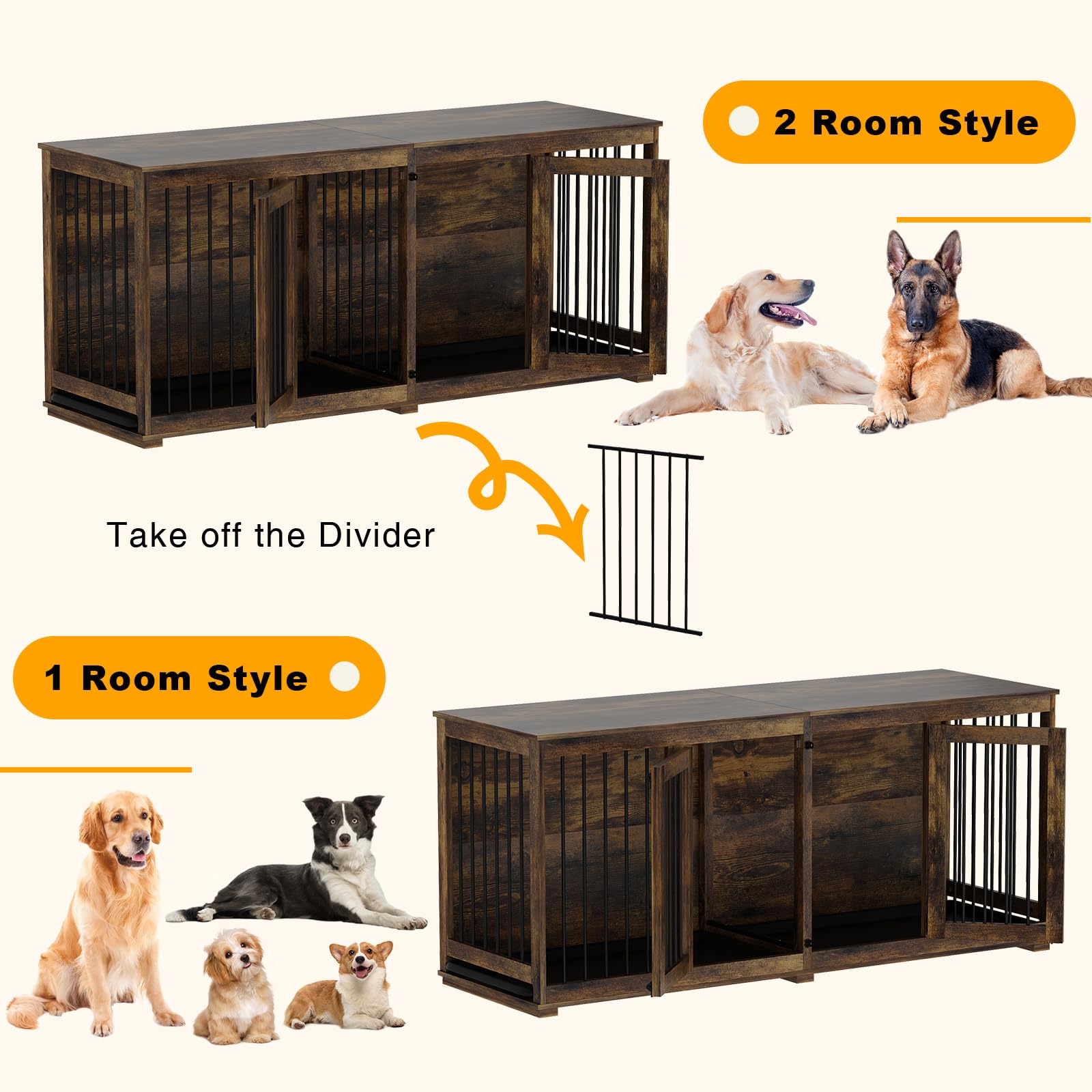 DAWNSPACES Large Funiture Style Dog Crate for 2 Dogs, 70  Wooden Dog Kennel Furniture with Removable Divider & 2 Trays, Indoor H