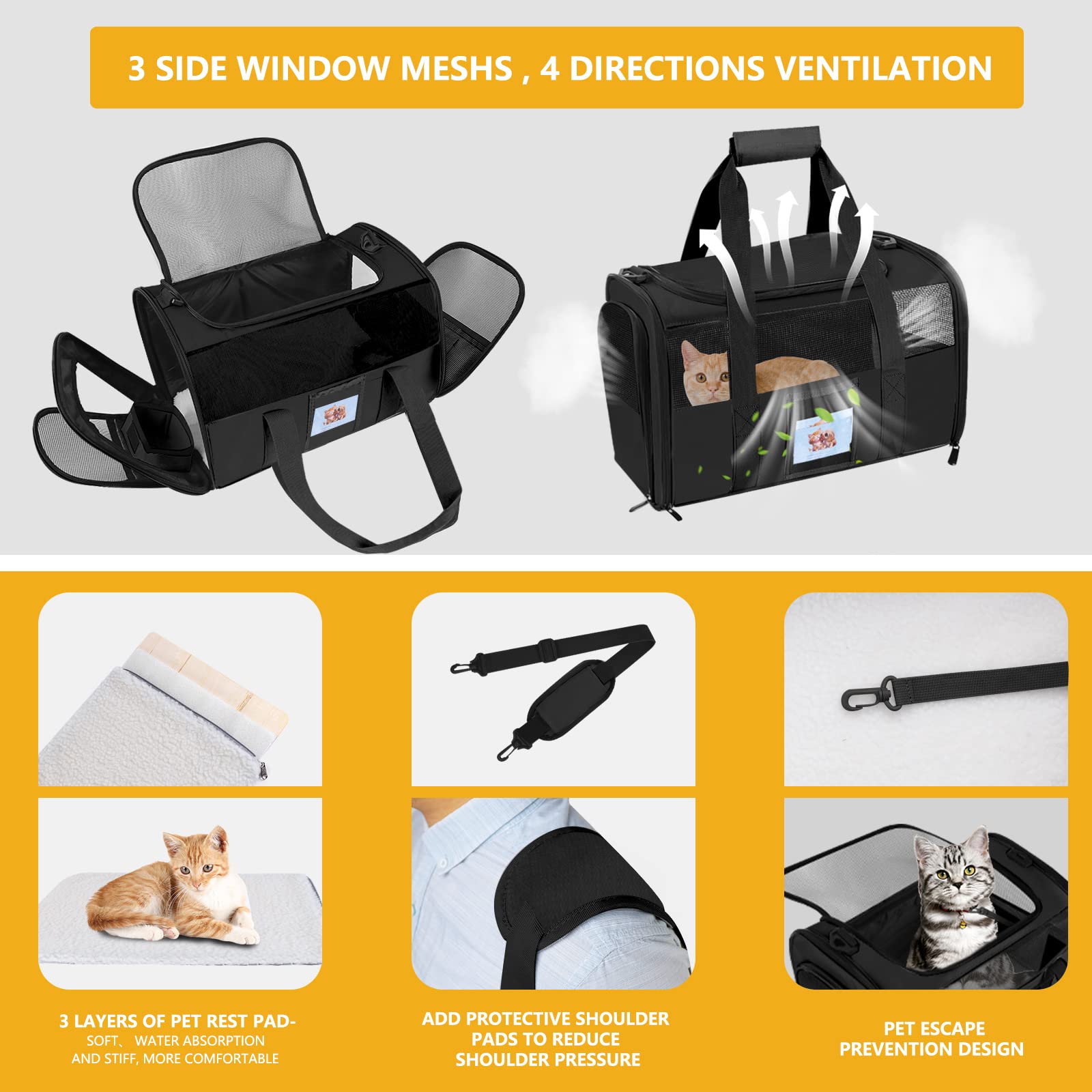 Seclato Pet Carrier - Airline Approved For Small Dogs, Kittens, Cats Under 15Lb - Collapsible Soft Sided Tsa Cat Travel Carrier - Black