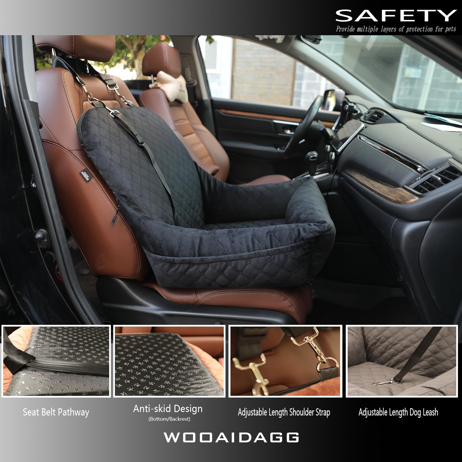 WOOAIDAGG Dog Car Seat,Easy to Install,Fully Detachable and Washable,2 Clip-On Safety Leashes and Storage Pockets,Covered Comfy