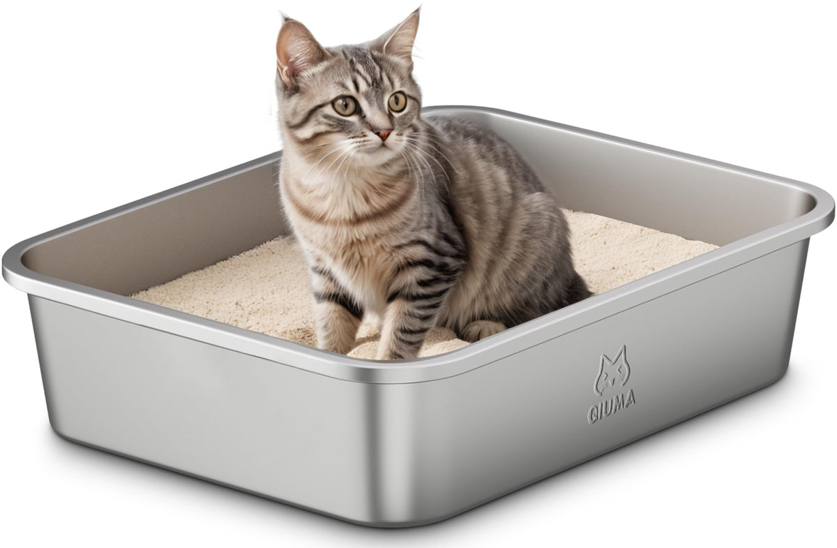 Qiuma Stainless Steel Cat Litter Box With Handle, Metal Kitty Litter Box For Small Cats, Non-Stick, Easy To Clean, Odor-Free, 15