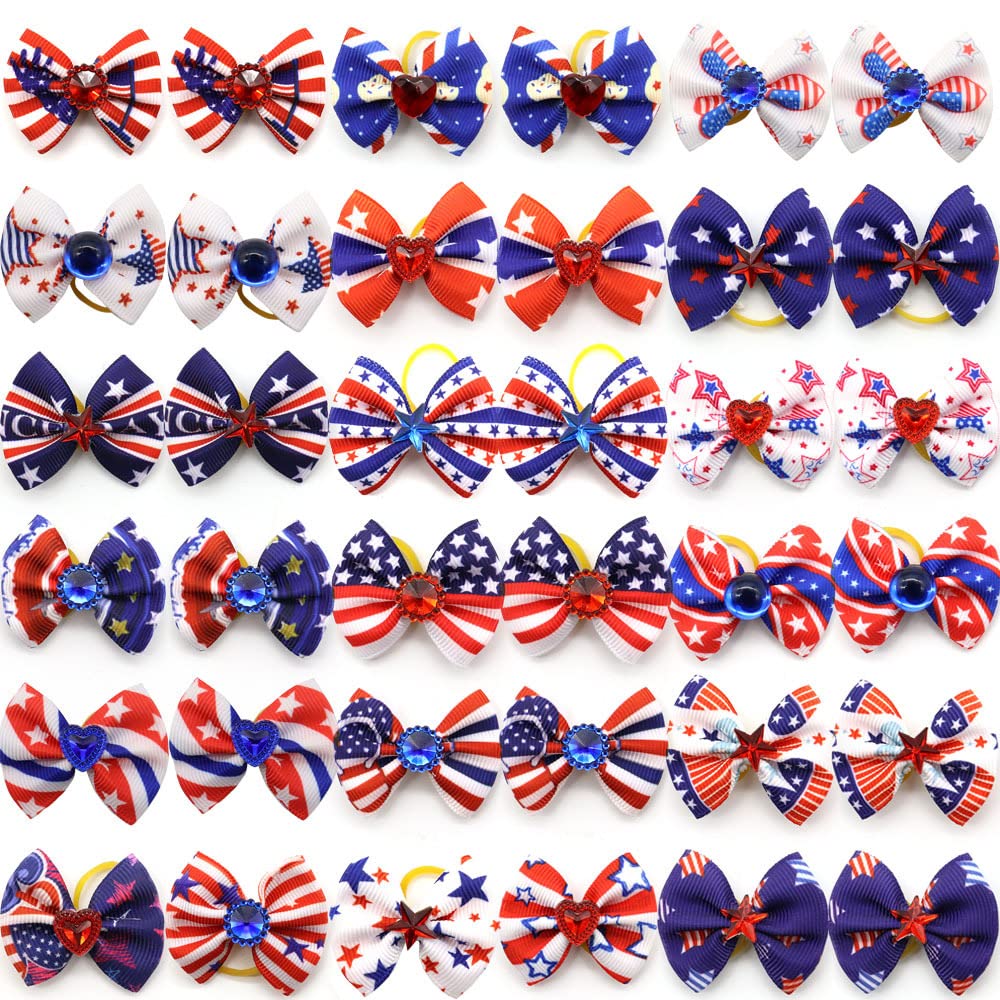 20Pcs/10 Pairs Patriotic Independence Day Decoration Yorkie Dog Puppy Hair Bows With Rubber Bands Hair Accessories Bow Pet Groom