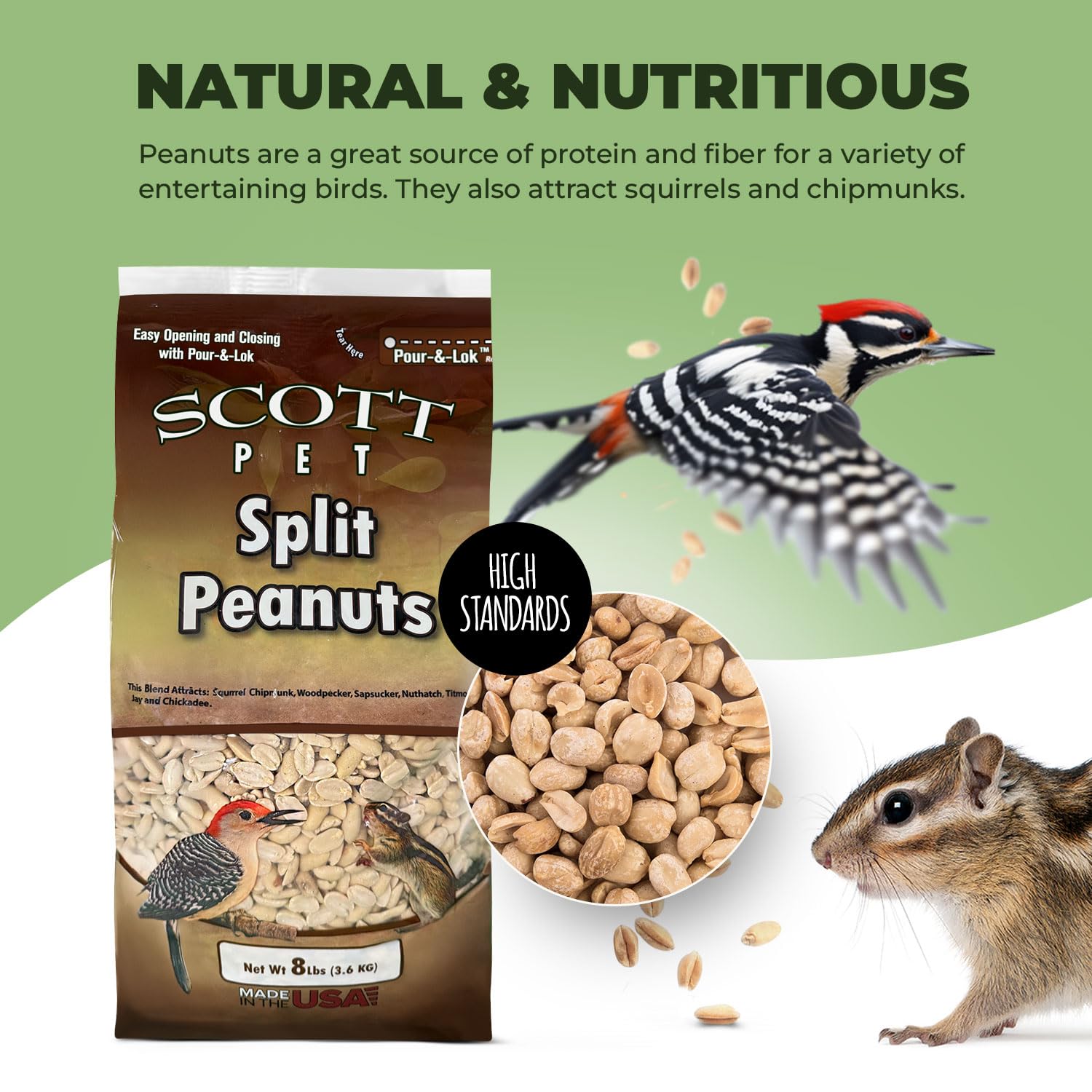 Scott Pet Wild Bird Seed - Split Peanuts, 8 lbs Bag, High Protein & Fiber, Ideal for Wild Birds