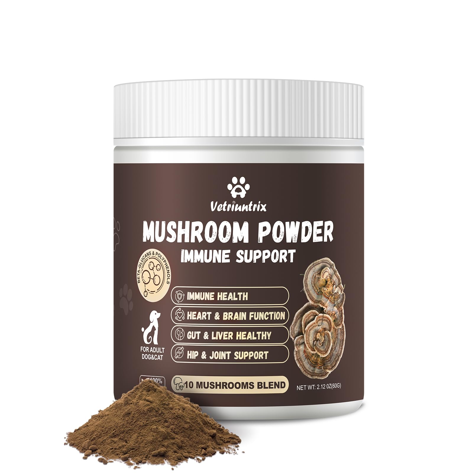 Turkey Tail Mushroom Powder for Dogs, Organic 10 Mushroom Blend for Lipoma Lumps and Bumps, Dog & Cat Herbal Supplements Probiot