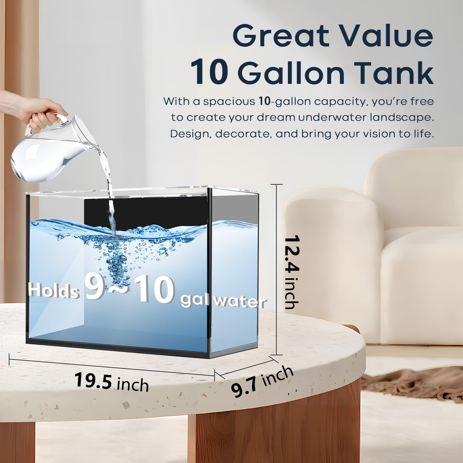 10 Gallon Glass Fish Tank, Aquarium Fish Bowl Cube for Betta Goldfish Snails Shrimp Aquatic Planting, Easy to Maintain Ultra Cle