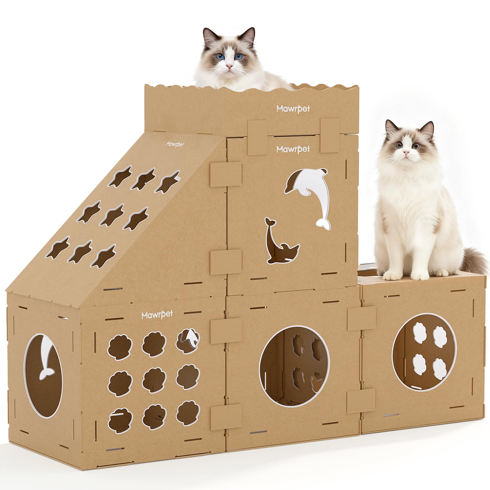 Mawrpet DIY Cardboard Cat House with Scratching Pad, Cat Tower Indoor Play House, Versatile Cardboard Cat Tunnel Box for One or 