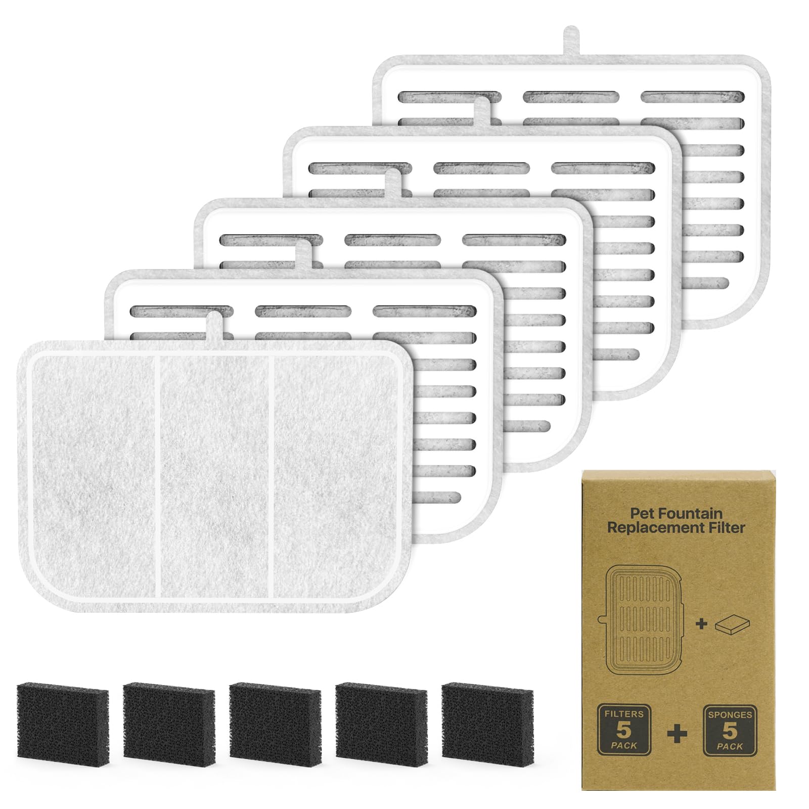 Filter Unit Rect For E Versweet Max Cordless 105Fl Oz/3L Pet Cat Water Fountain Filter Replacement (Square-5 Filters+5 Sponges)