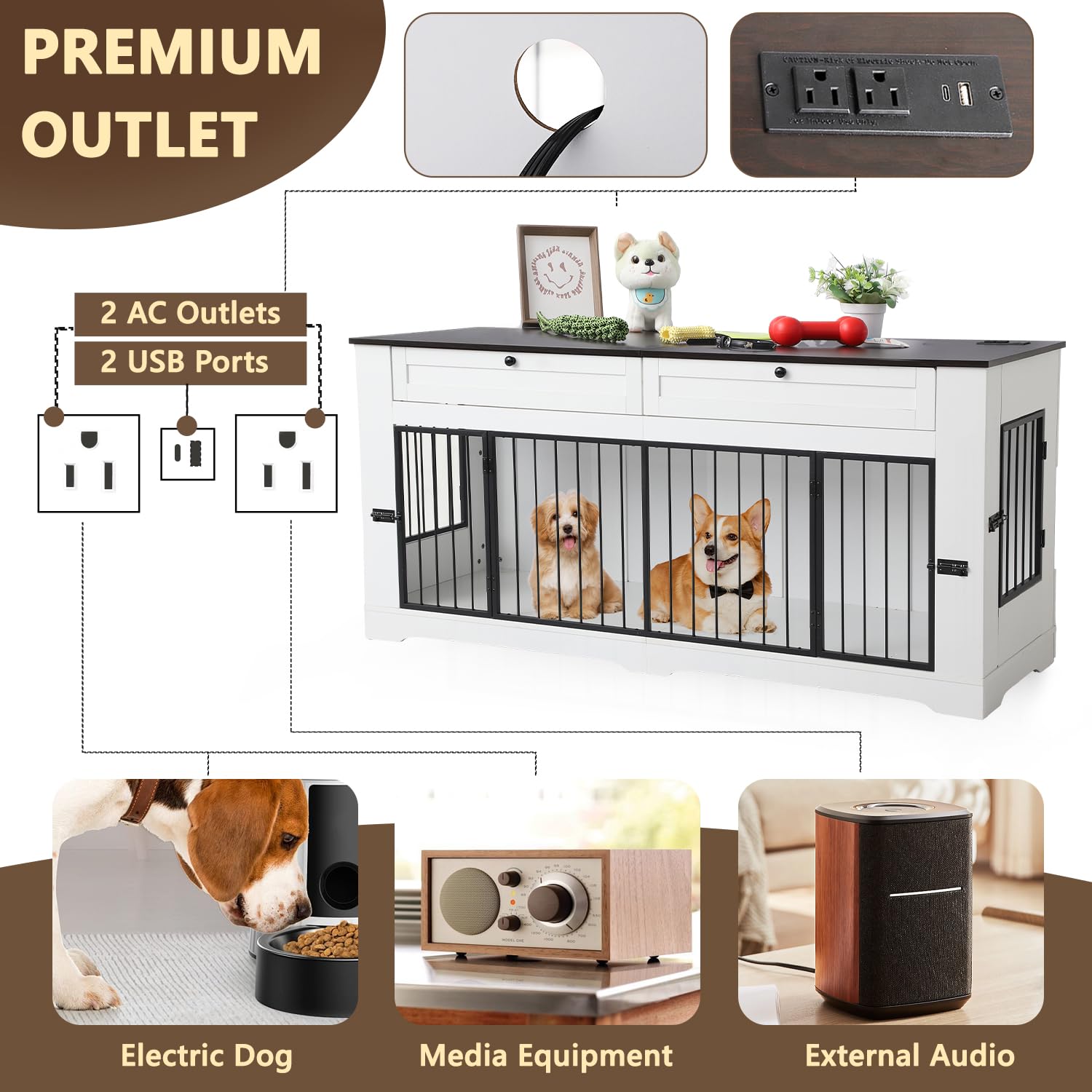 FKLUG Large Dog Crate Furniture-Decorative Heavy Duty Dog Cage Indoor, Wooden Dog Cage End Table with Charging Station, Dog Hous