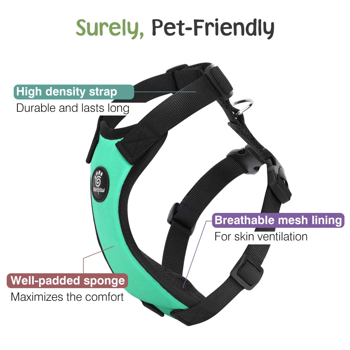 Vavopaw Dog Vehicle Safety Vest Harness, Adjustable Soft Padded Mesh Car Seat Belt Leash Harness With Travel Strap And Carabiner For Most Cars, Size Small, Lake Blue