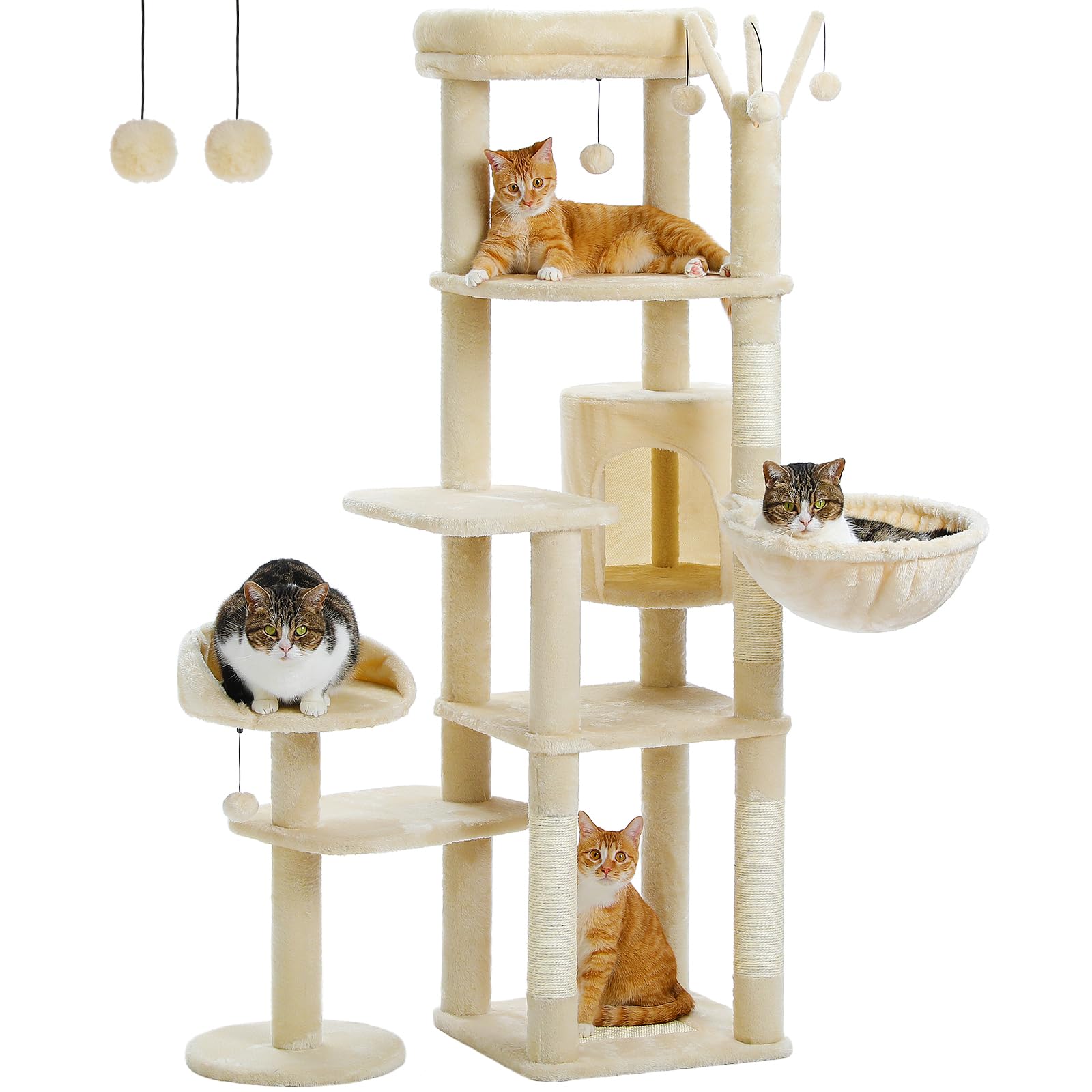 Muttros 59' Cat Tree, Tall Cat Tree For Large Cat, Multi-Level Cat Tower With 3 Removable Pompom Sticks, Cat Tree For Indoor Ca