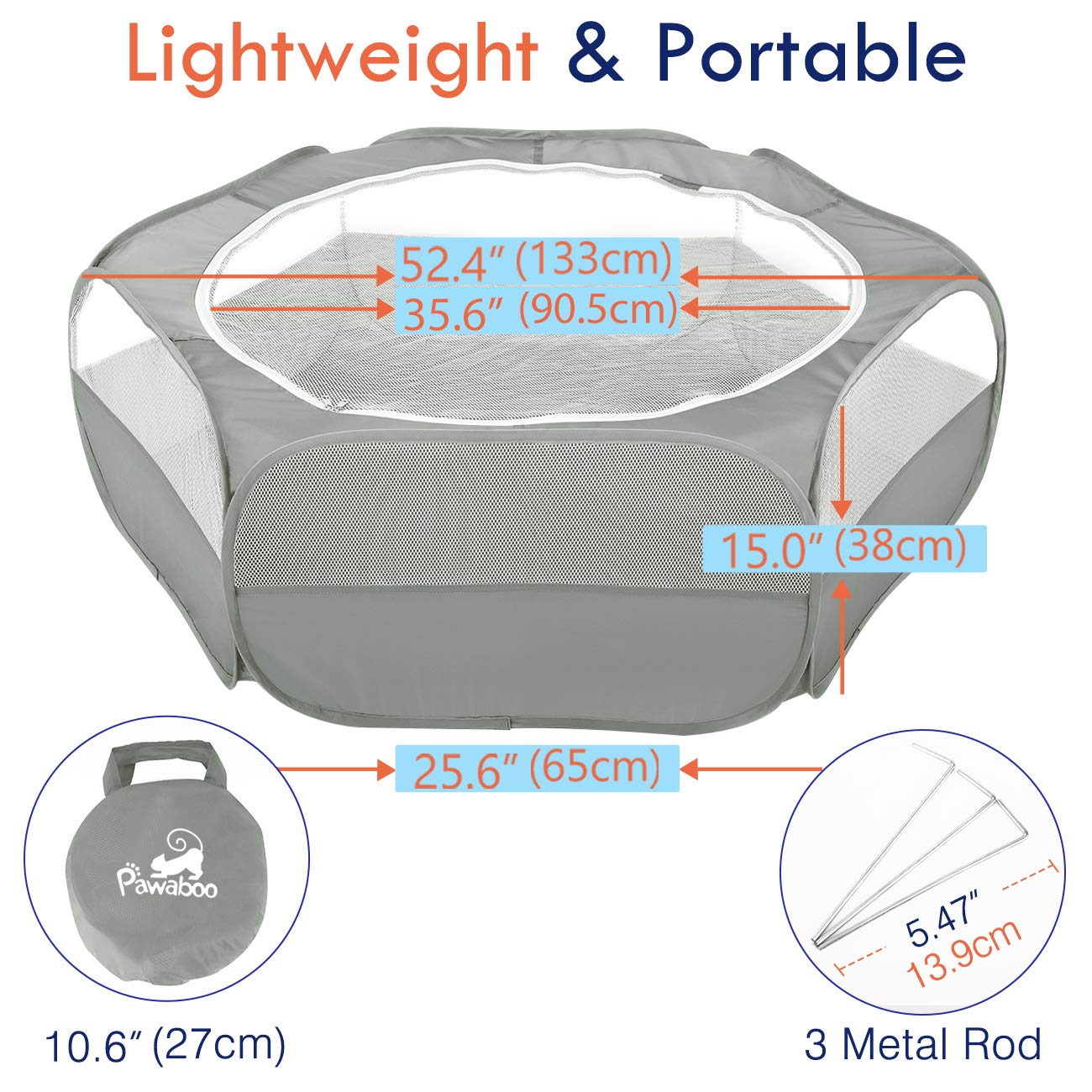 Pawaboo Small Animals Playpen, Breathable & Waterproof Small Pet Cage Tent With Zippered Cover, Portable Outdoor Yard Fence For Kitten/Puppy/Guinea Pig/Rabbits/Hamster/Chinchillas, Light Gray