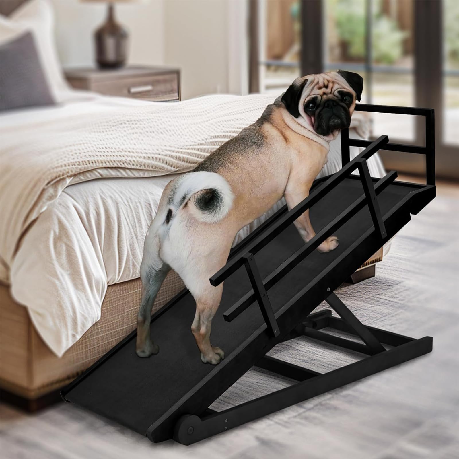 Dog Ramp For Bed, Adjustable Pet Ramps For Dog To Get On Bed, Non-Slip Rubber Surface - Folding Wooden Dog Ramp For Small/Large/