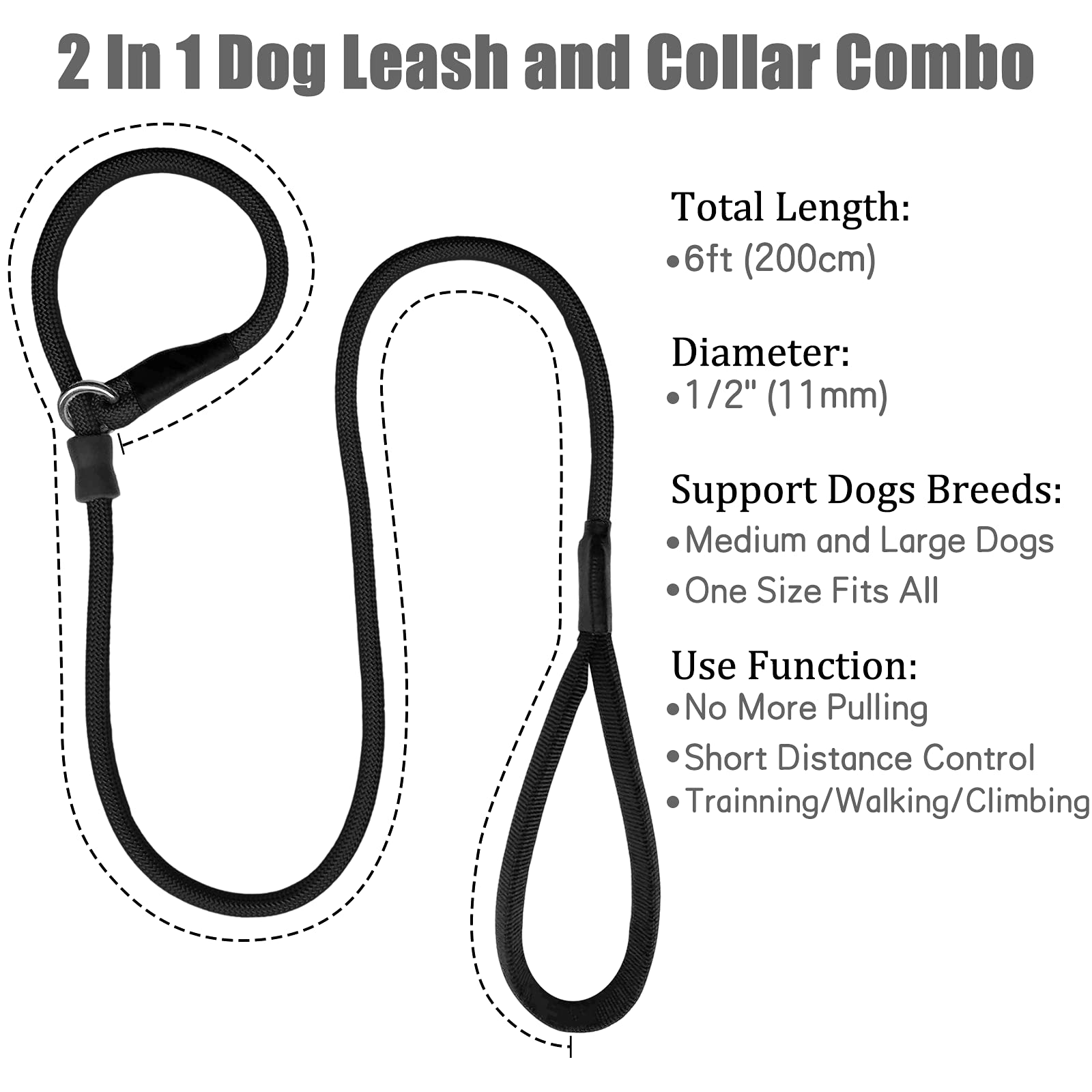 Strong Slip Rope Dog Training Leash (6Ft) - Heavy Duty Durable Braided Nylon Lead With Rubber Stopper & Padded Handle - No Pull