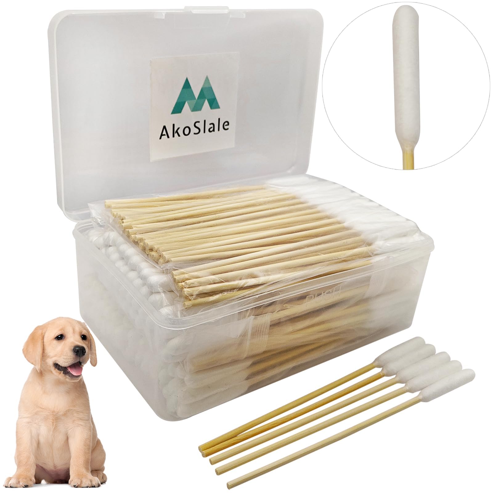 AkoSlale Dog Ear Cleaner Q Tips, 200pcs 6-Inch Long Cotton Swabs for Dogs - Biodegradable Qtips for Ear Cleaning, Infection Trea