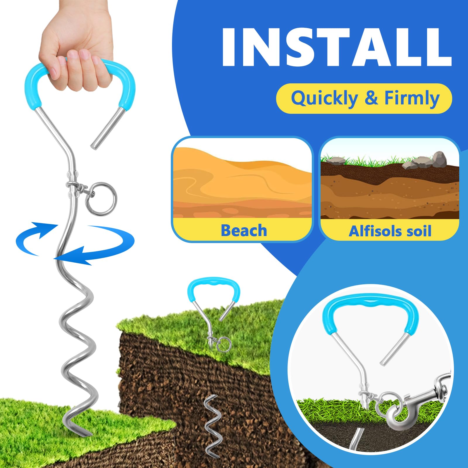 32FT Shock-Absorbing Dog Tie Out Cable & Stake for Backyard, Camping, Traveling, for Dogs up to 250Lbs, Durable Dog Tether/Leash