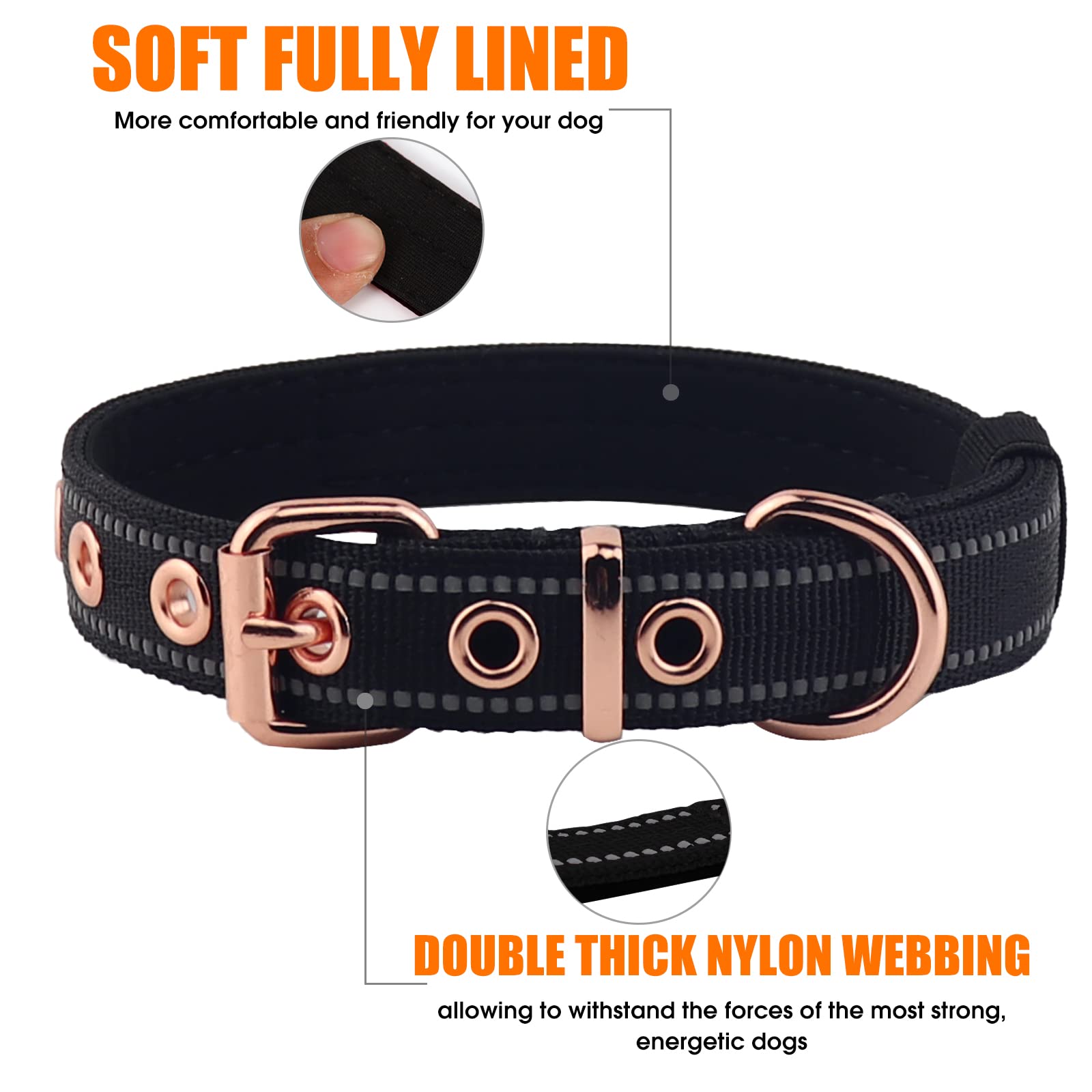 Yunleparks Neoprene Padded Dog Collar - Nylon, Heavy Duty With Metal Buckle for Small Medium Large Dogs - Adjustable Reflective