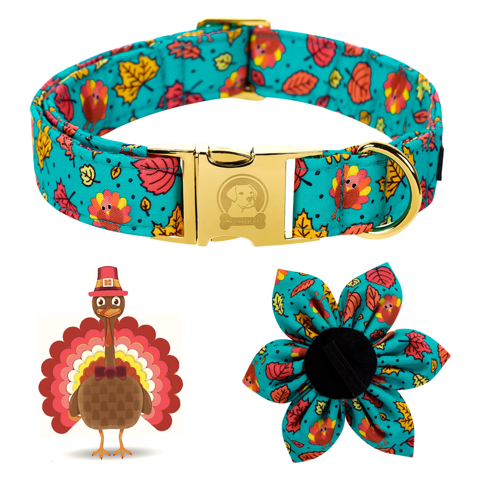 Mr. Chubbyface Thanksgiving Dog Collar - Adjustable Maple And Turkey Flower Collar For Small, Medium, Large Dogs